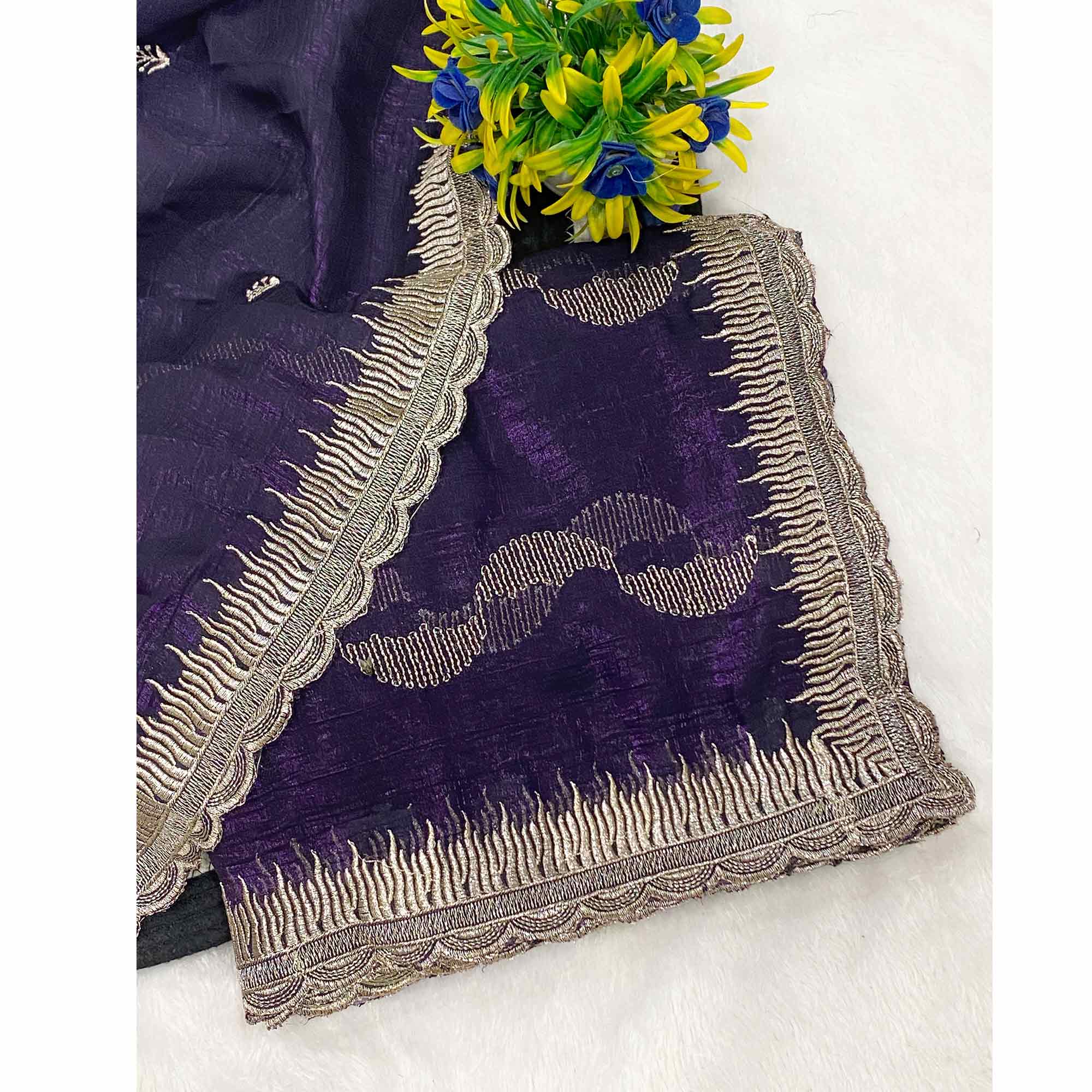 Violet Crunchy Chiffon Silk Saree Delicate Thread Motifs Ethnic Elegance
