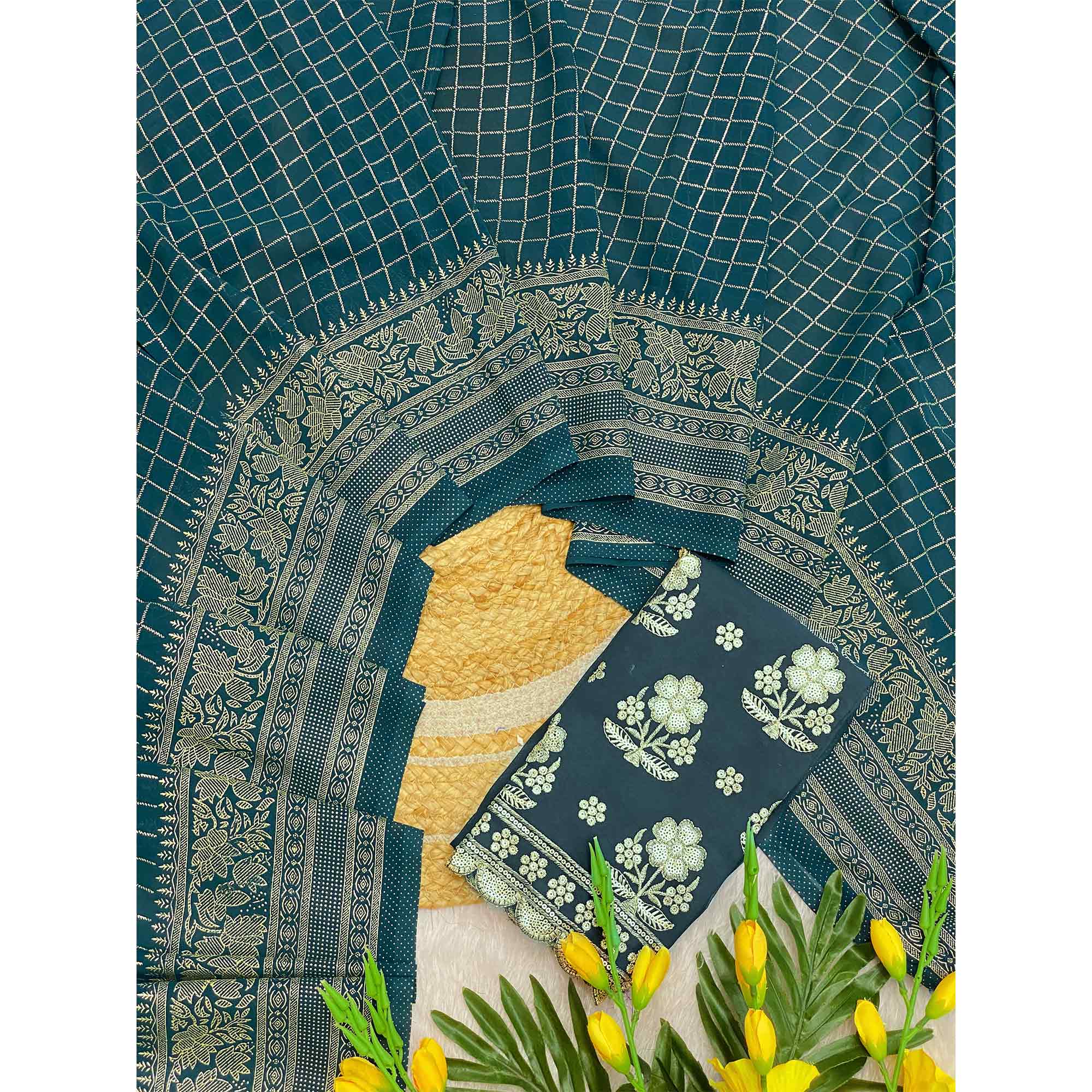 Dark Teal Blue Georgette Saree with Elegant Foil Printed Checkered Pattern