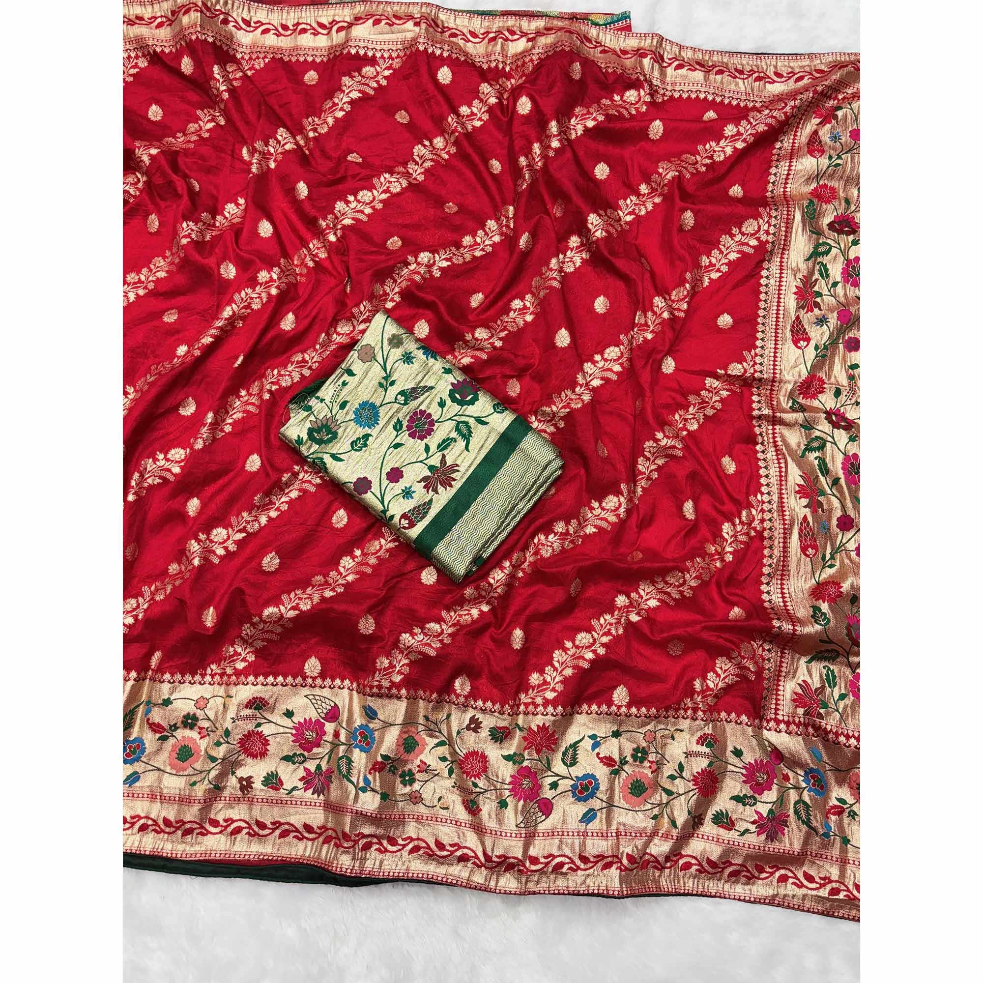 Red Dola Silk Saree With Rich Floral Zari Weaving & Classic Elegance