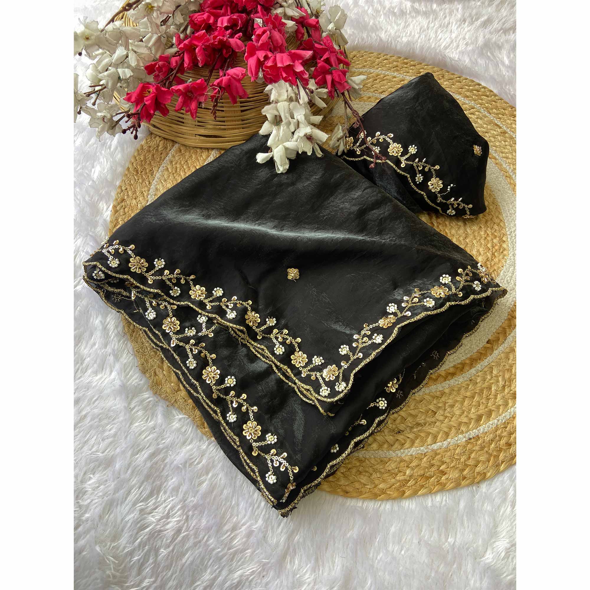 Black Satin Saree Embellished With Beads and Sequins Embroidery Work