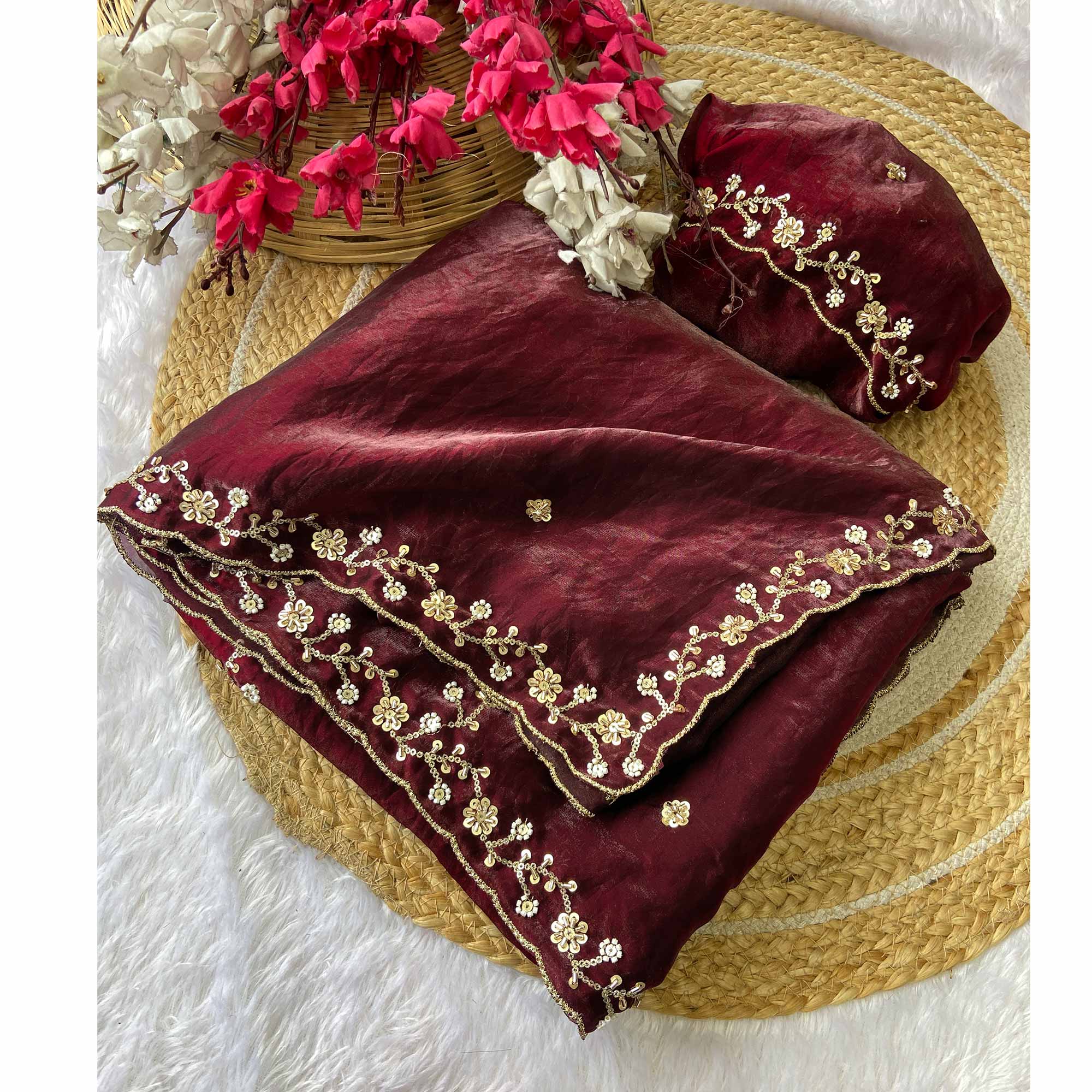 Maroon Satin Saree Embellished With Beads and Sequins Embroidery Work