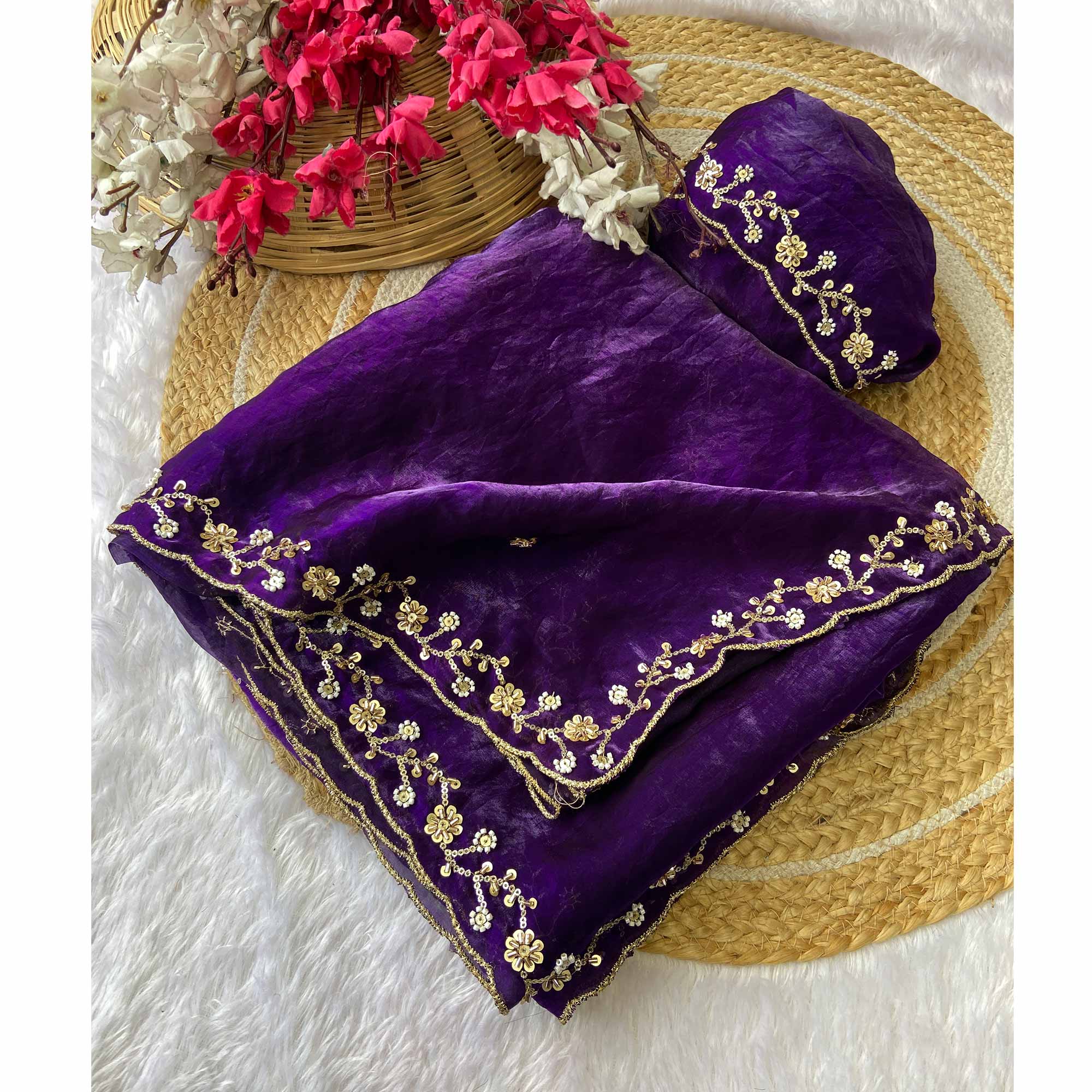 Purple Satin Saree Embellished With Beads and Sequins Embroidery Work
