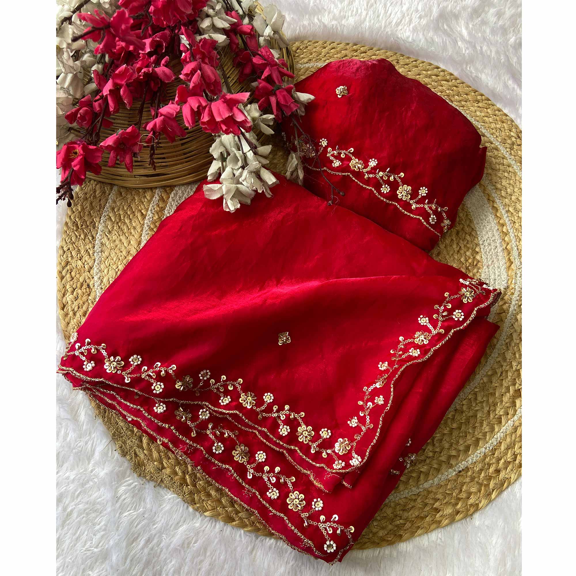 Red Satin Saree Embellished With Beads and Sequins Embroidery Work