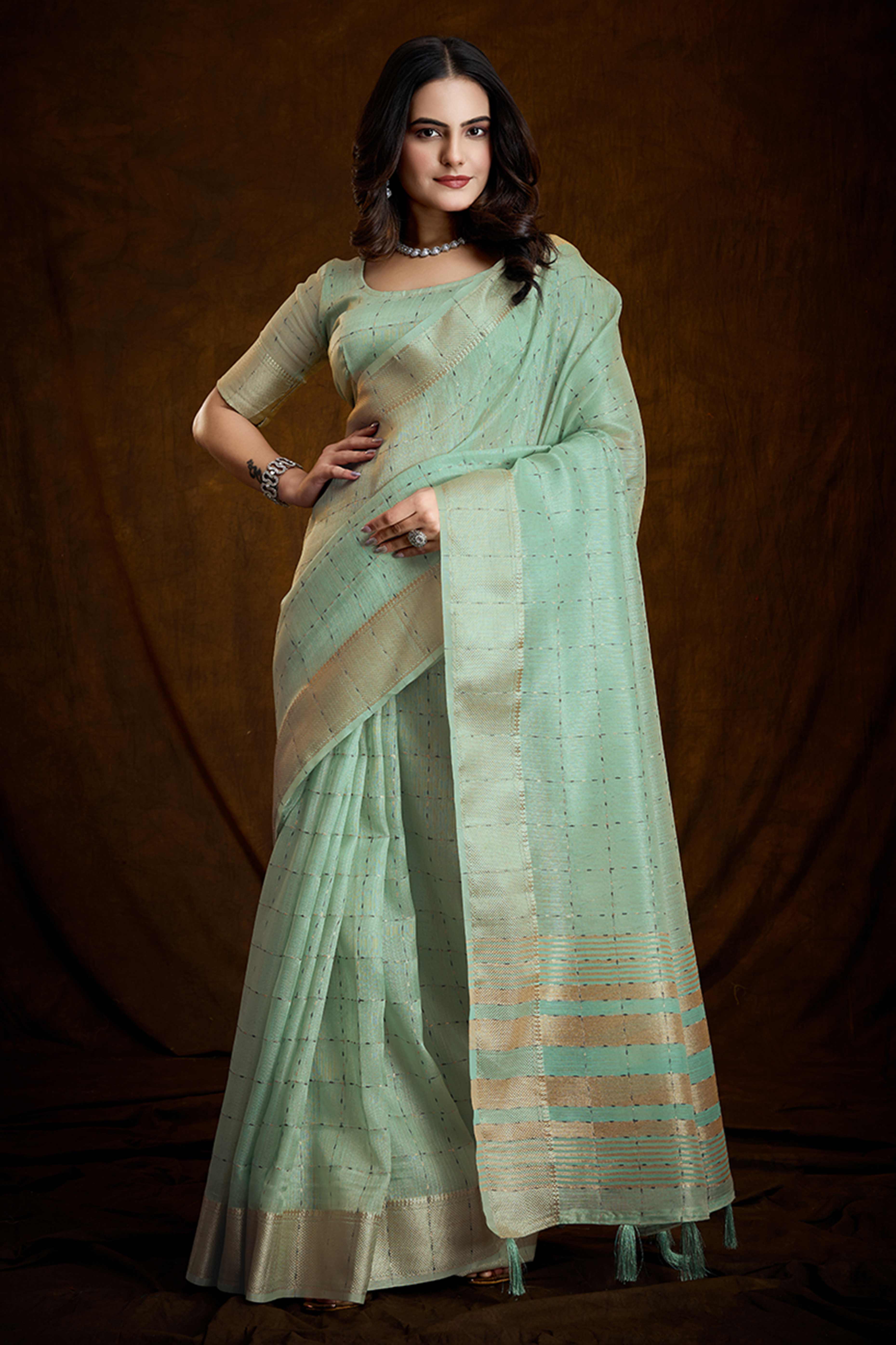 Mint Green Cotton Silk Saree with Rich Zari Weaving in Checkered Style