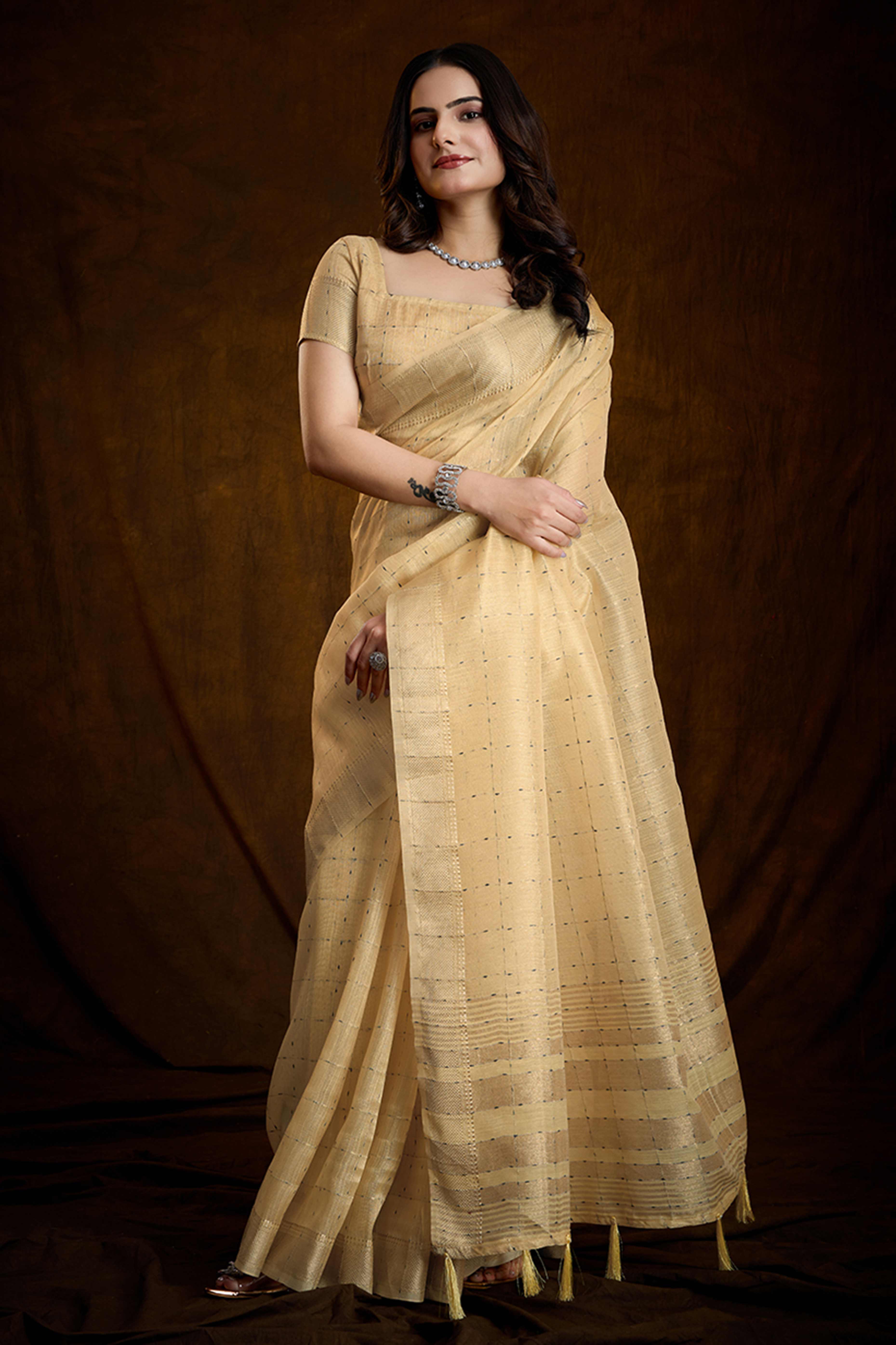 Yellow Cotton Silk Saree with Rich Zari Weaving in Checkered Style