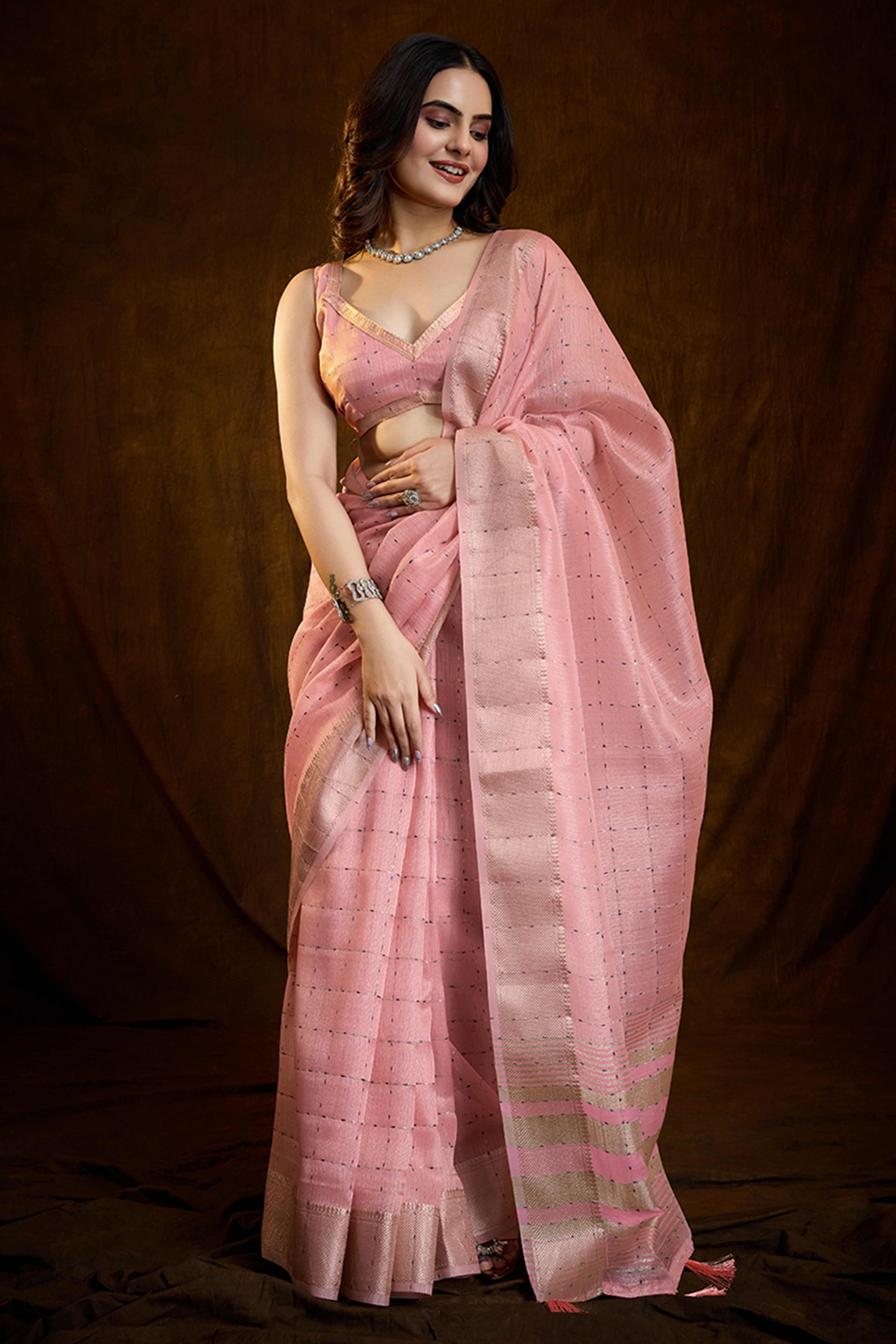 Blush Pink Cotton Silk Saree with Rich Zari Weaving in Checkered Style