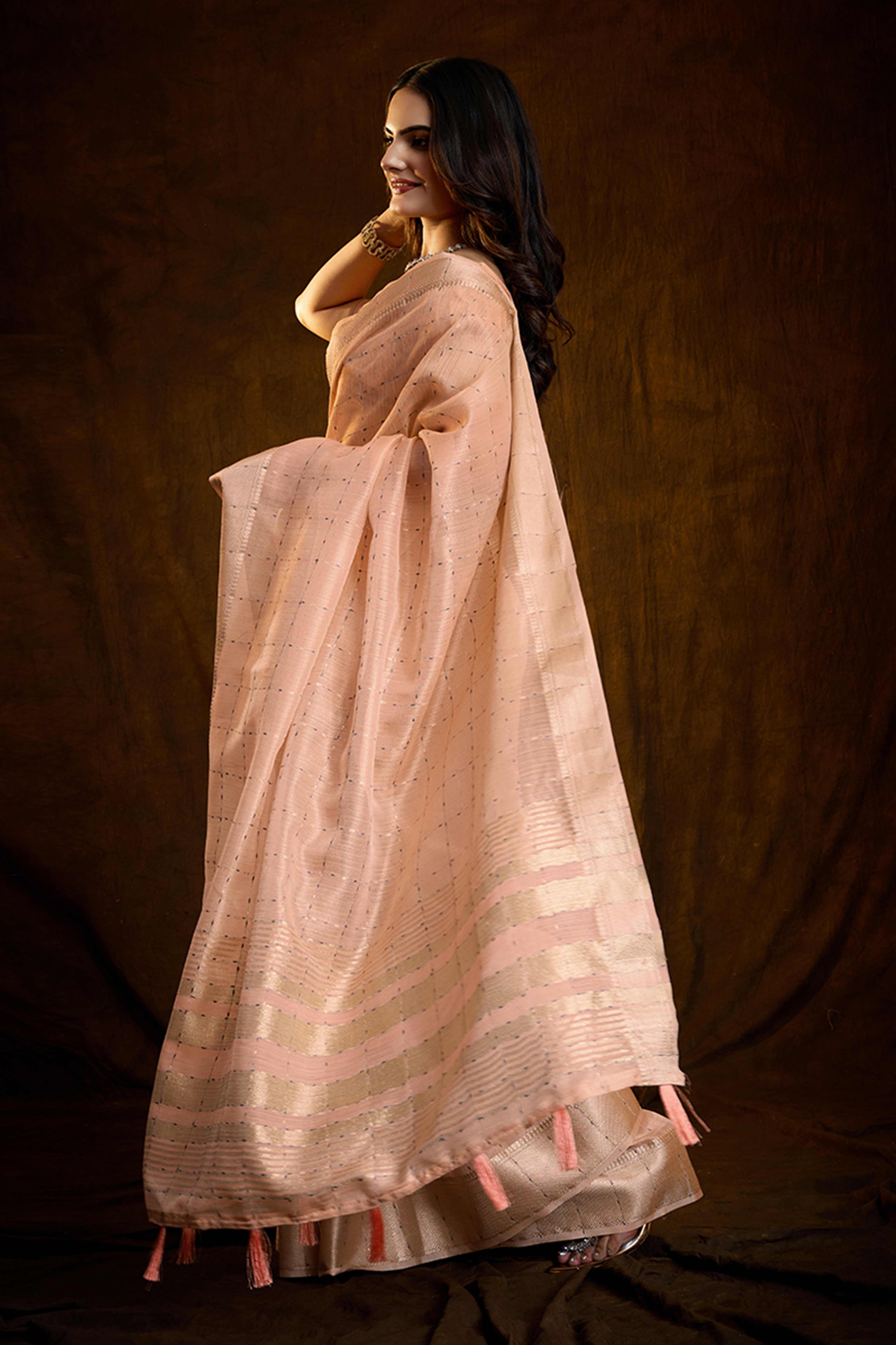 Pastel Peach Cotton Silk Saree with Rich Zari Weaving in Checkered Style