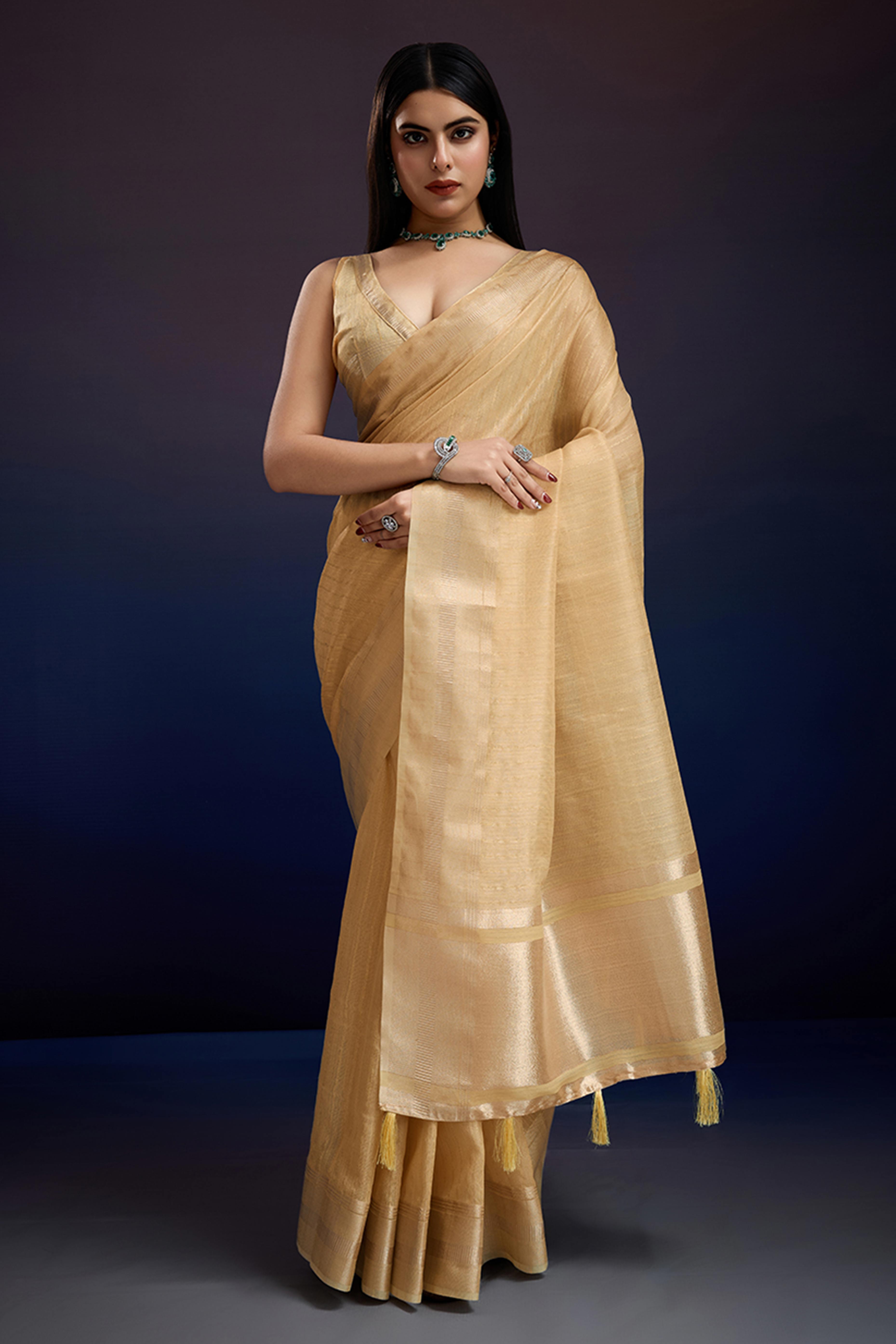 Festive Wear Yellow Zari Woven Saree in Pure Linen Fabric