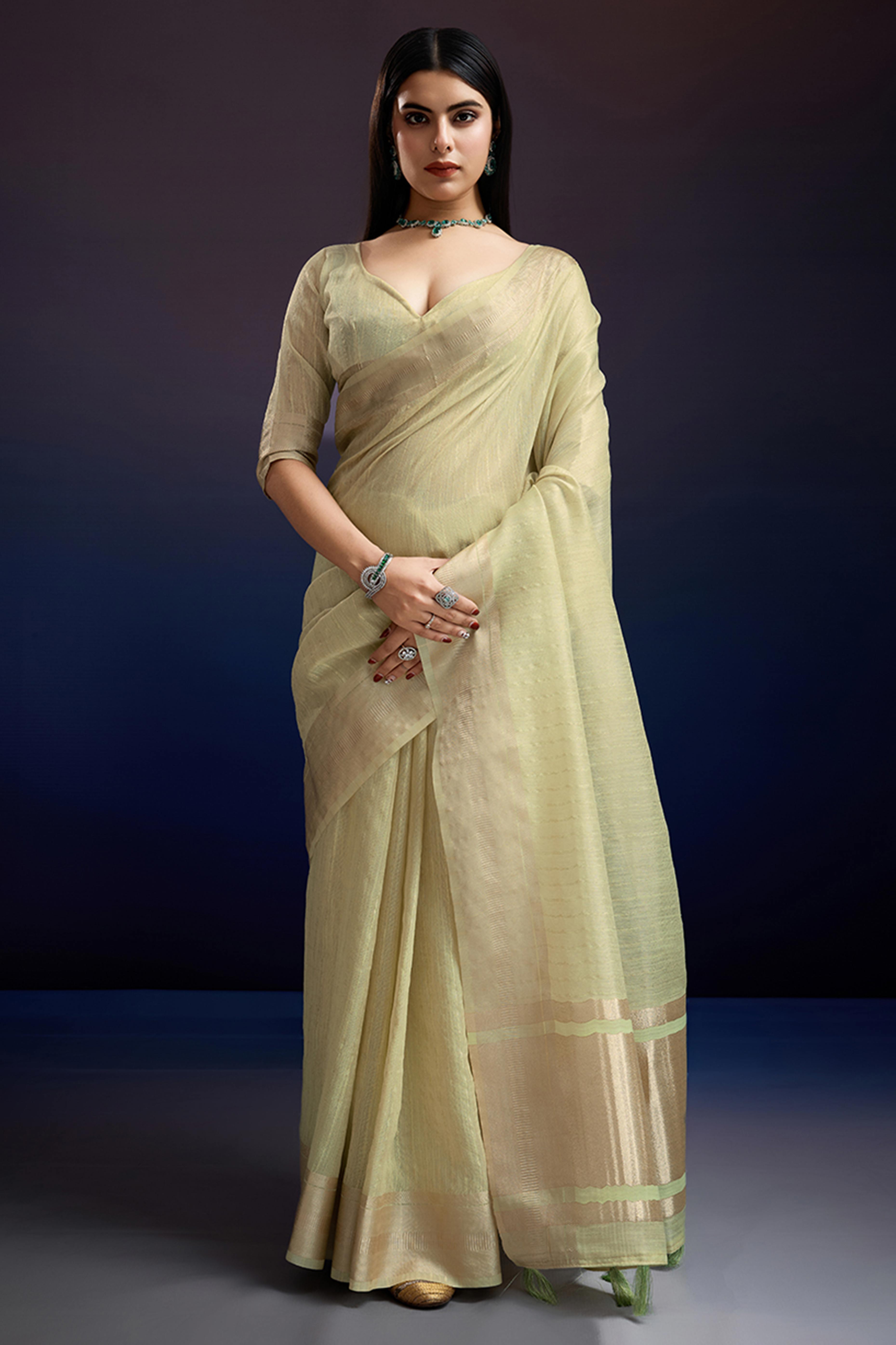 Festive Wear Green Zari Woven Saree in Pure Linen Fabric