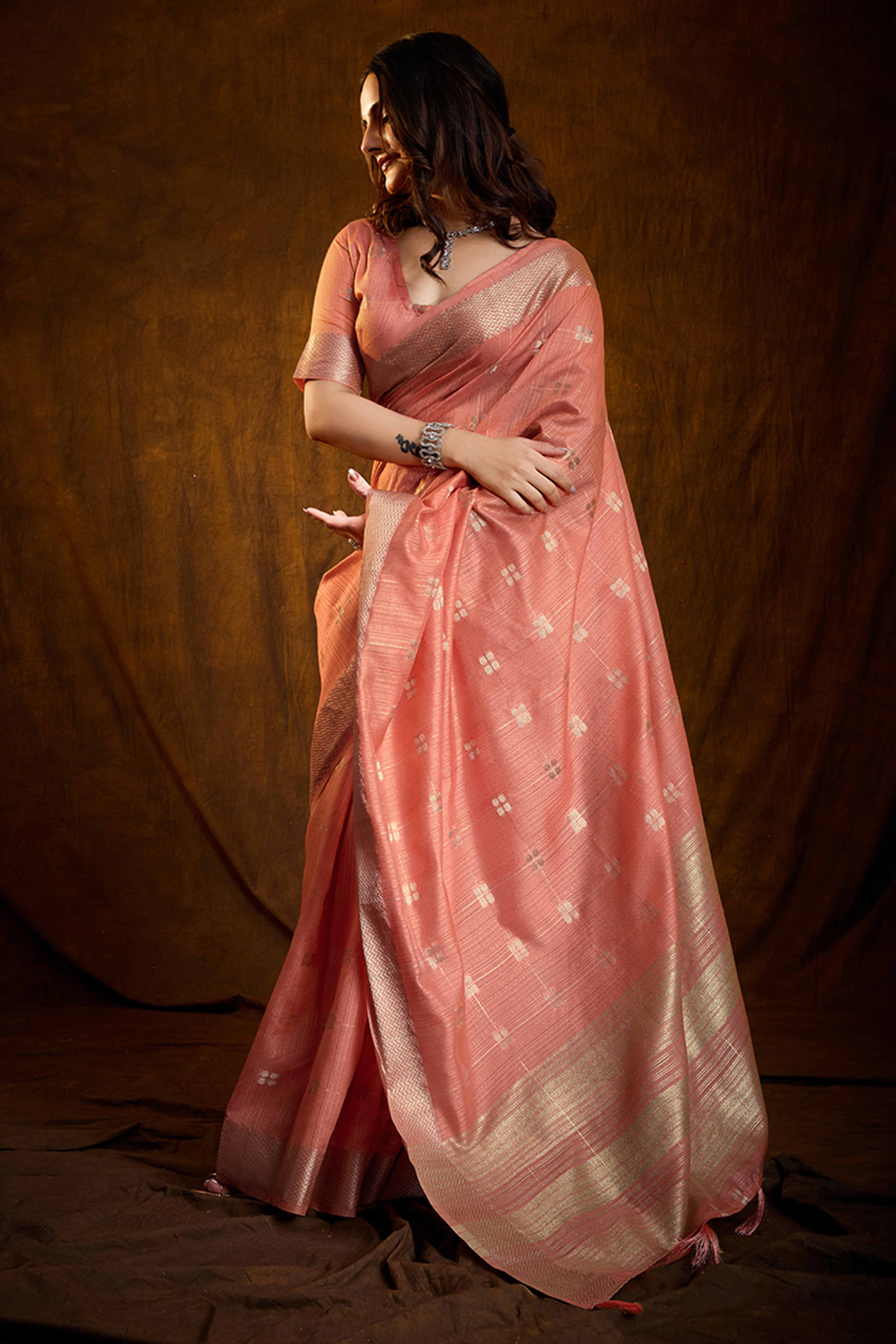 Peach Zari Woven Saree in Lustrous Cotton Silk Fabric