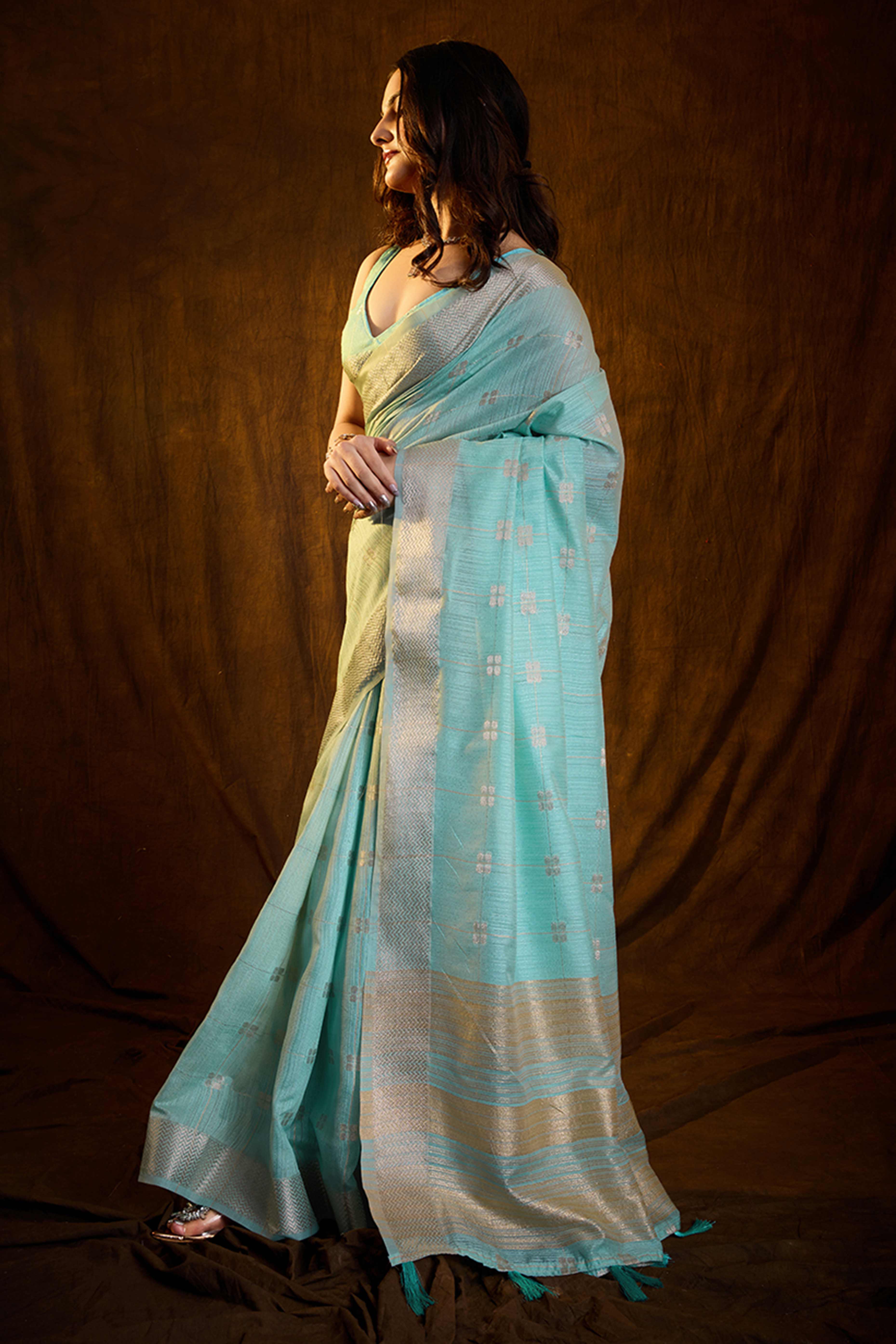 Mint Blue Zari Woven Saree in Lustrous Cotton Silk Fabric