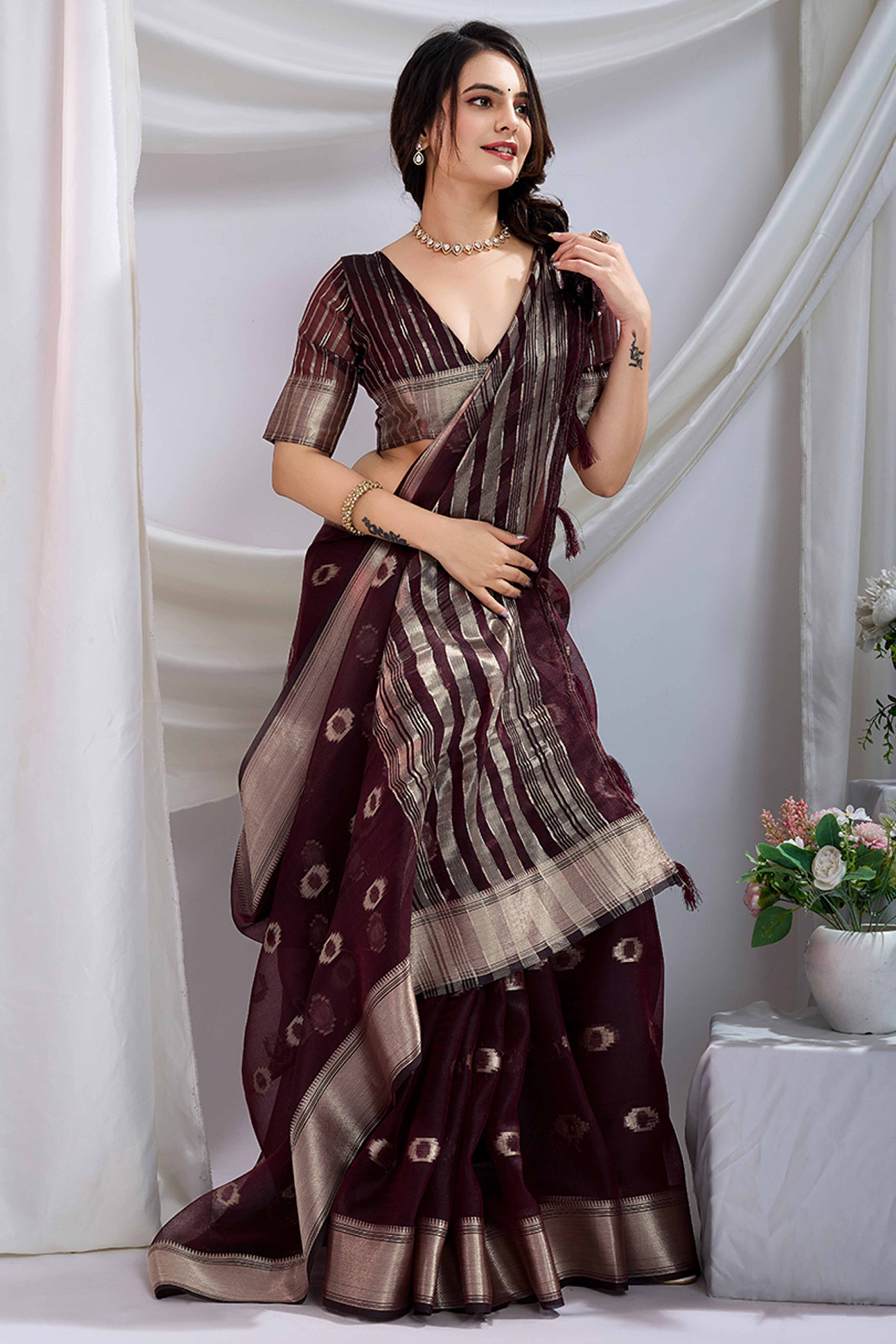 Burgundy Zari Butti Saree in Lightweight Tissue Fabric