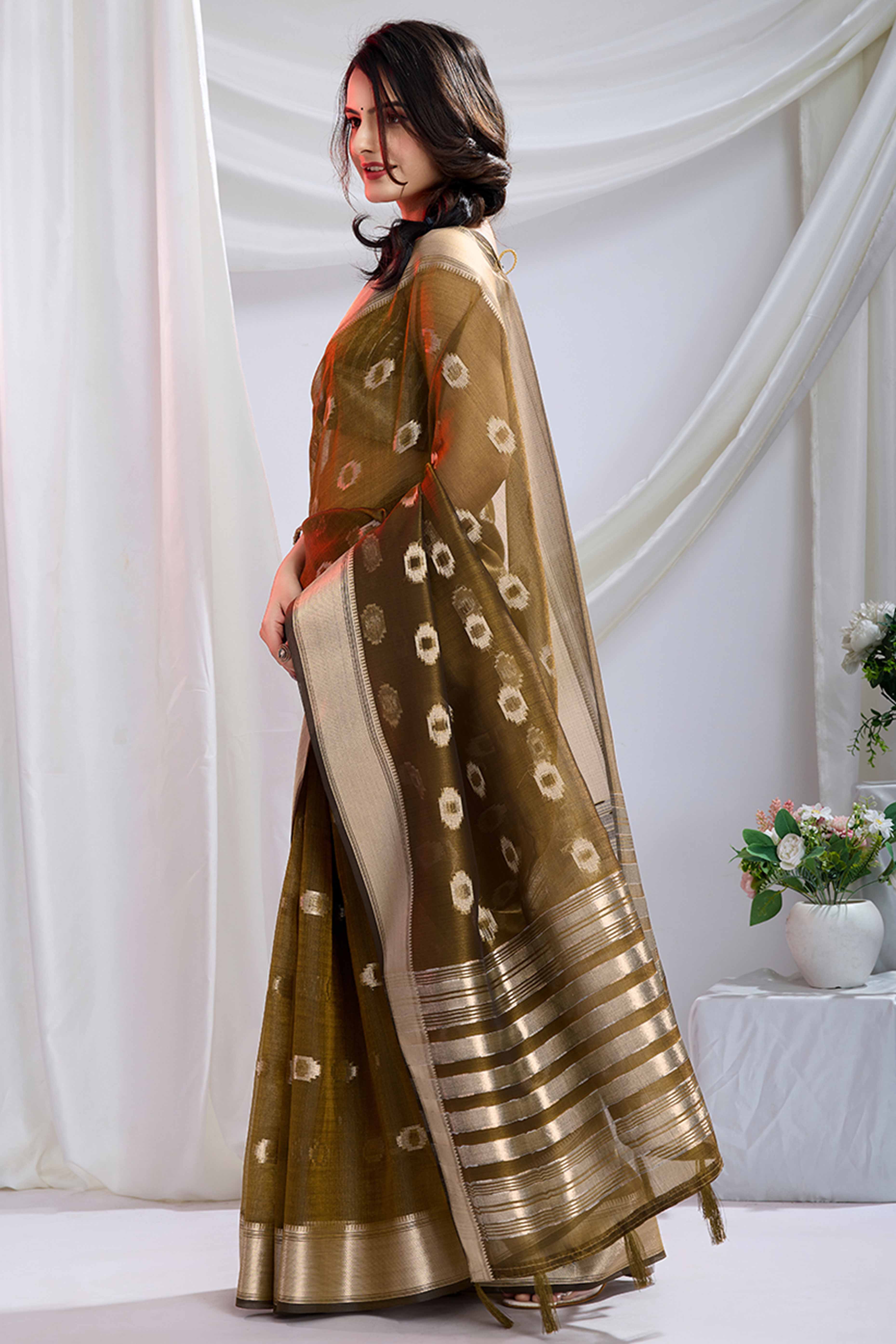 Olive Zari Butti Saree in Lightweight Tissue Fabric