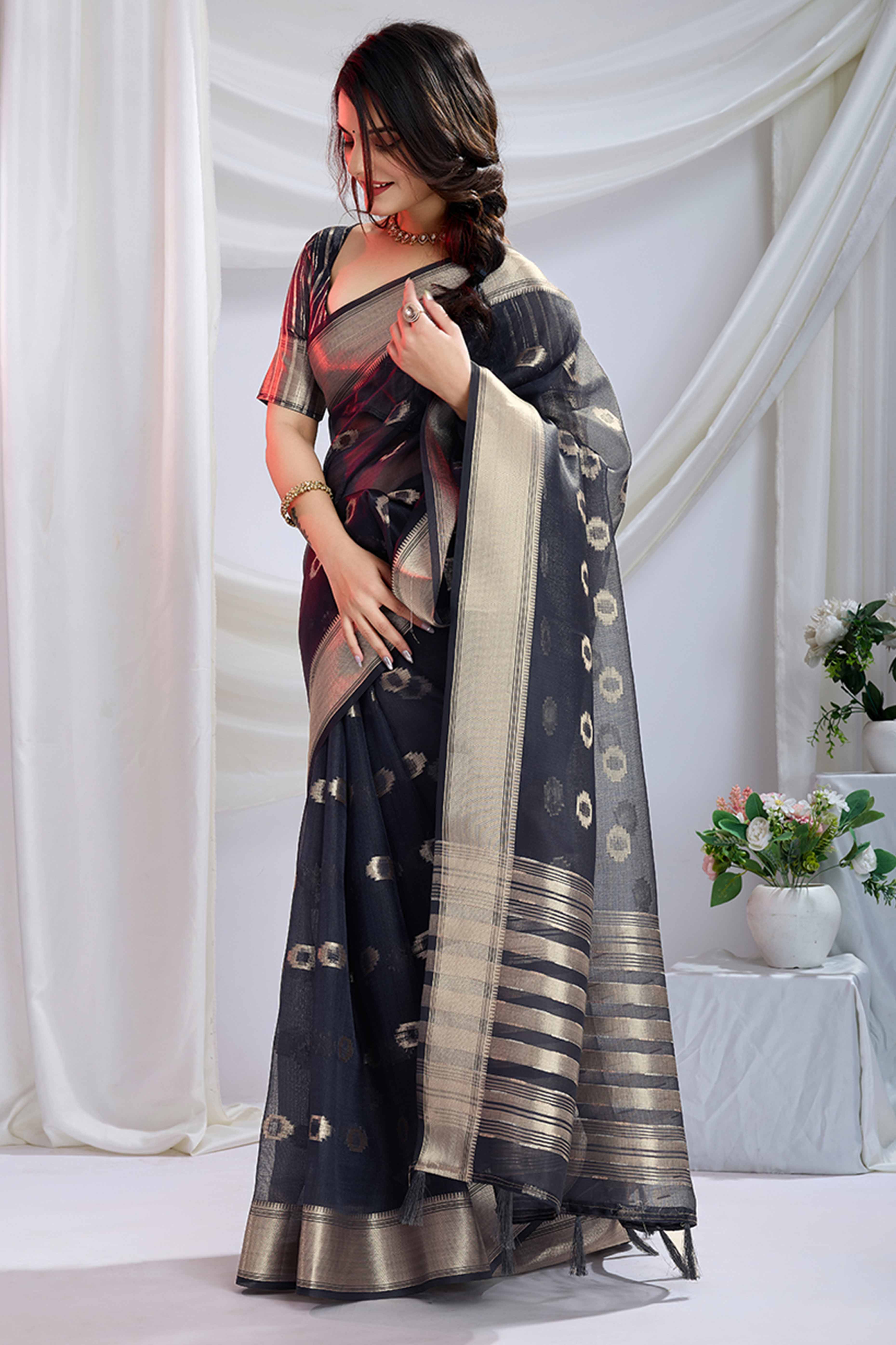 Grey Zari Butti Saree in Lightweight Tissue Fabric