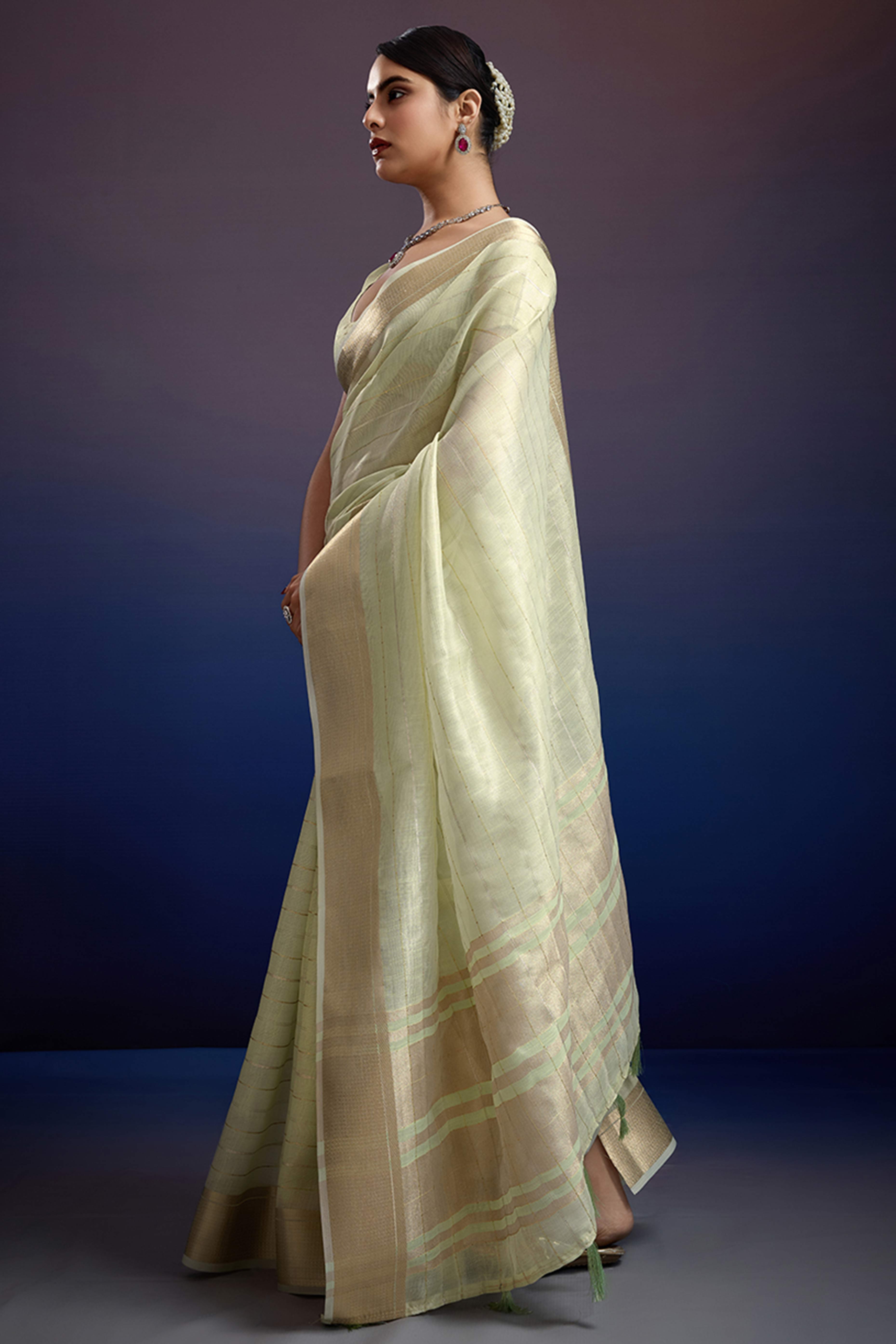Pista Green Pure Linen Saree with Gold Toned Zari Weave