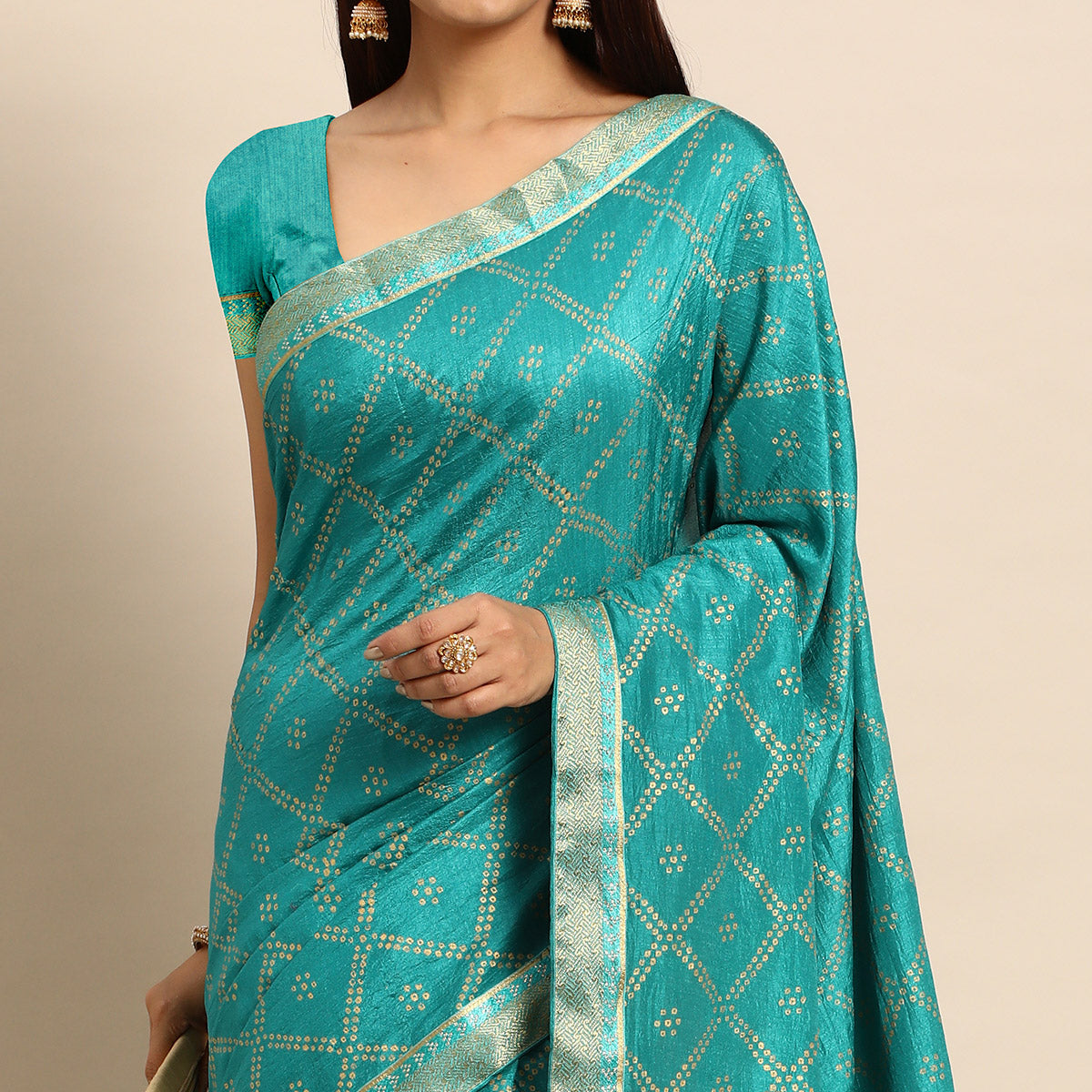 Rama Blue Bandhani Foil Printed Vichitra Silk Saree