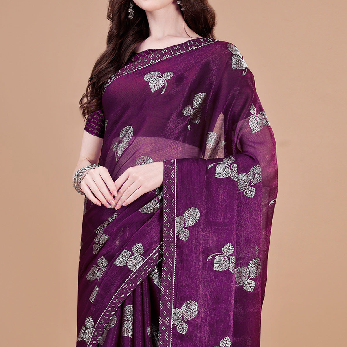 Purple Floral Foil Printed Chiffon Saree