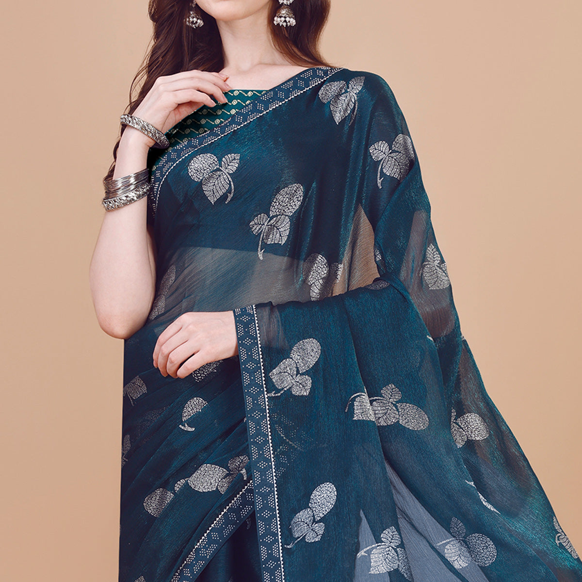 Dark Blue Floral Foil Printed Chiffon Saree