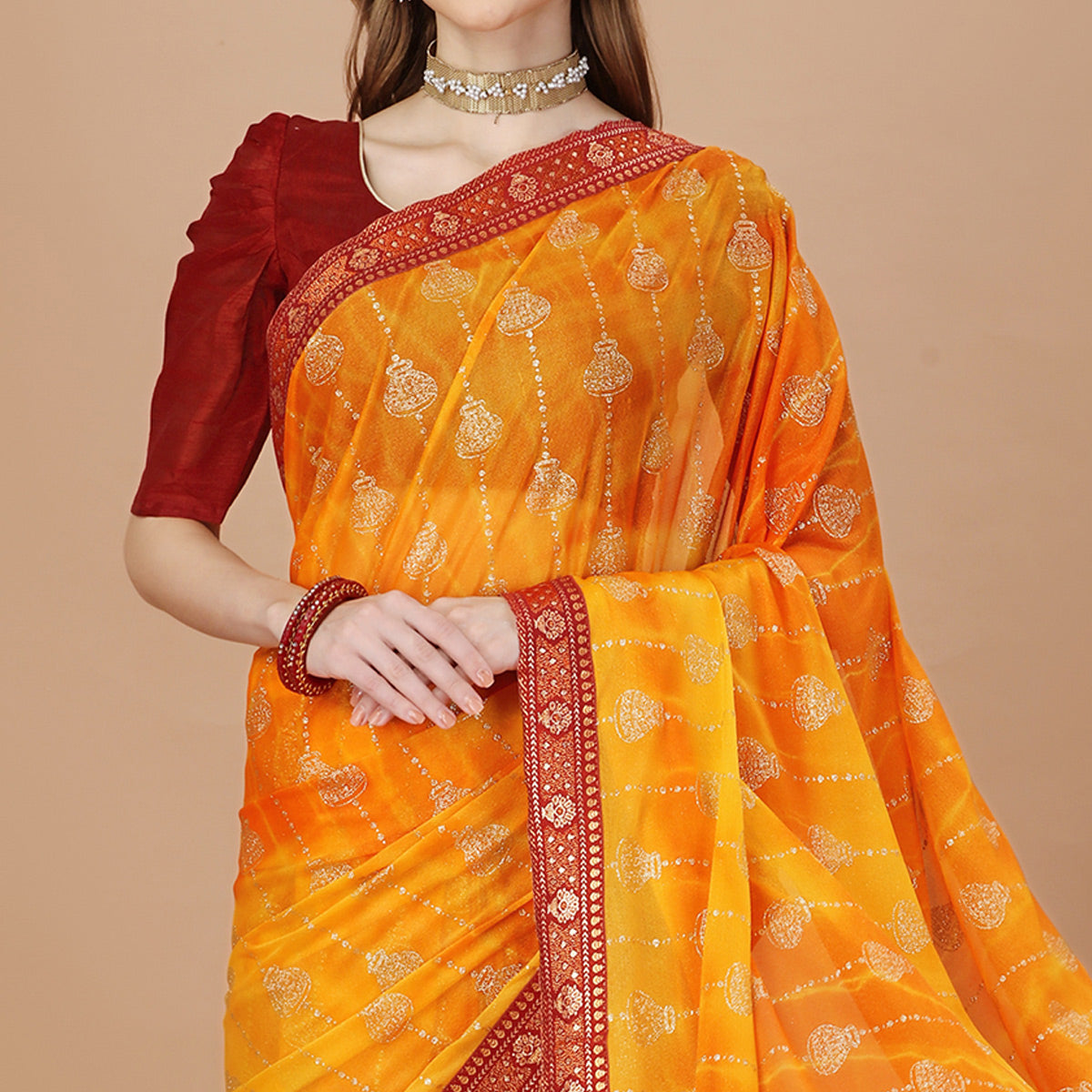 Orange Foil Printed Lycra Saree With Lace Border