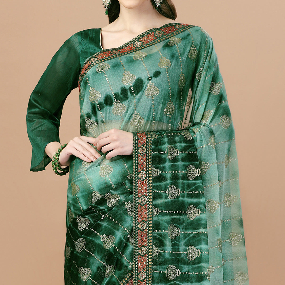 Dark Green Foil Printed Lycra Saree With Lace Border