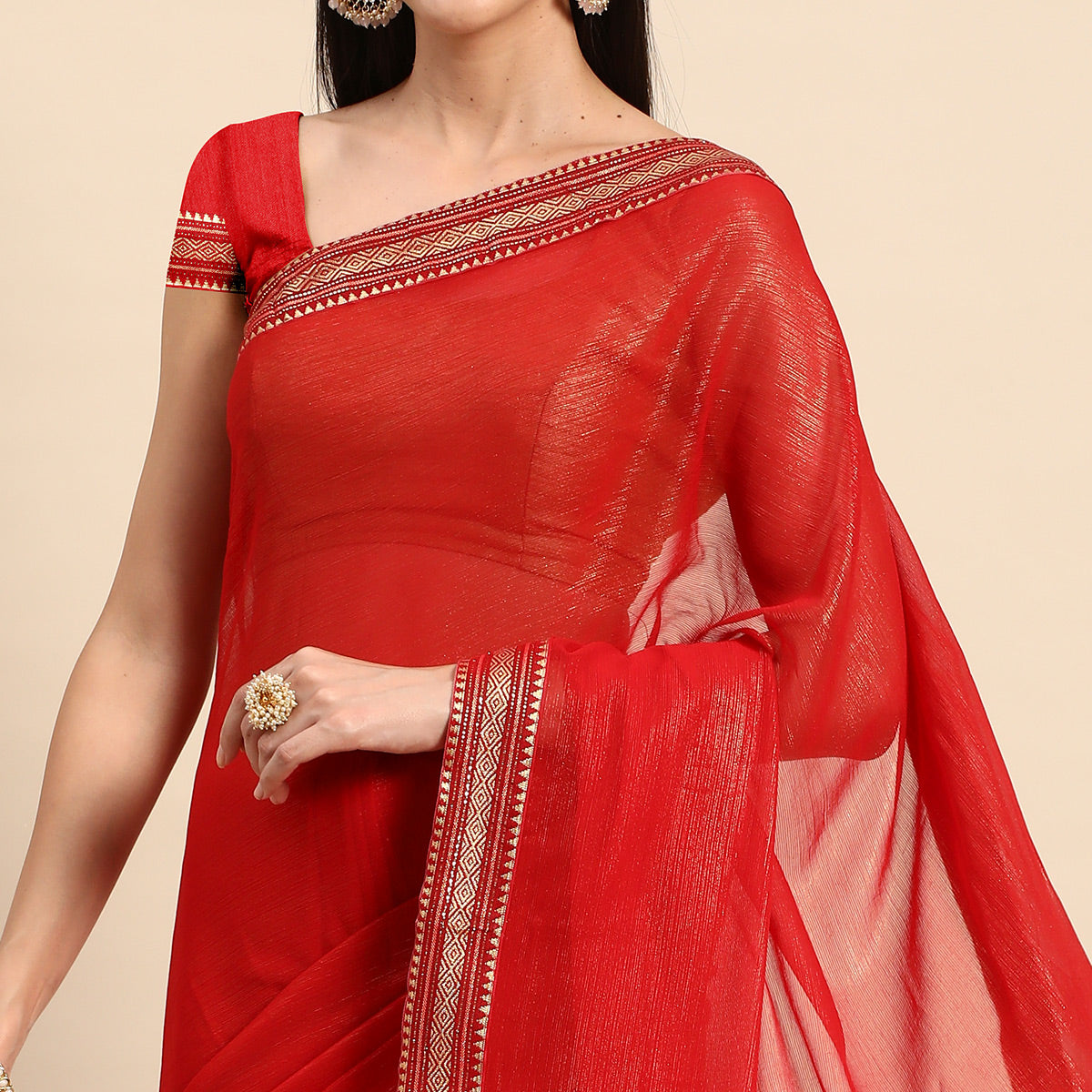Red Solid With Woven Border Chiffon Saree With Tassels