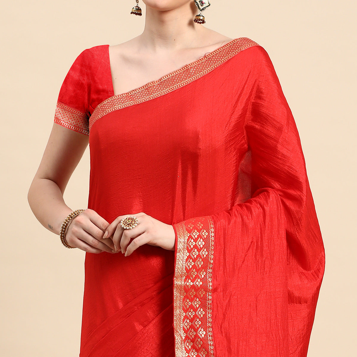 Red Solid Vichitra Silk Saree With Zari Border