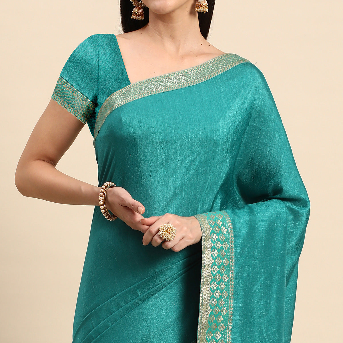 Rama Blue Solid Vichitra Silk Saree With Zari Border