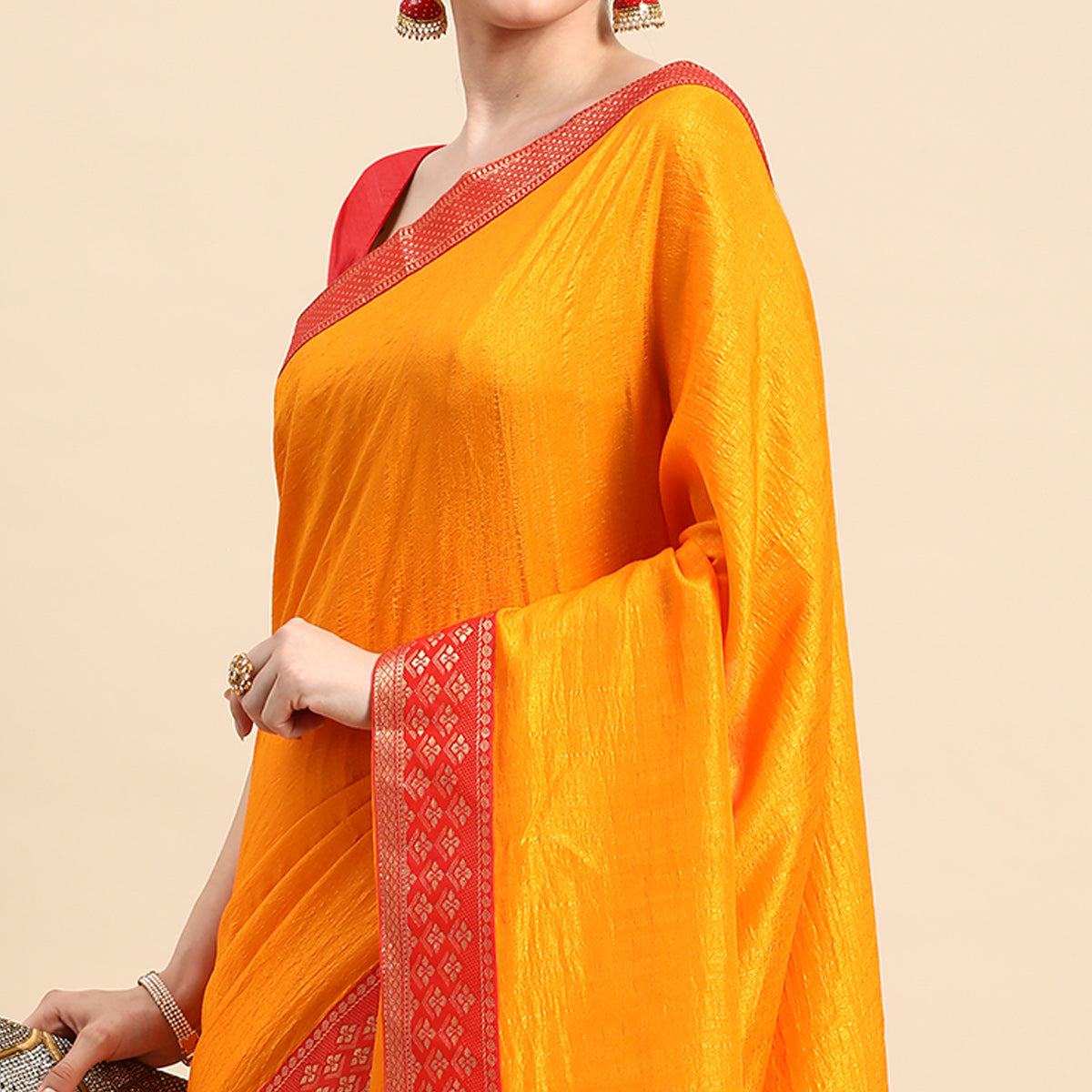 Mustard Solid Vichitra Silk Saree With Zari Border