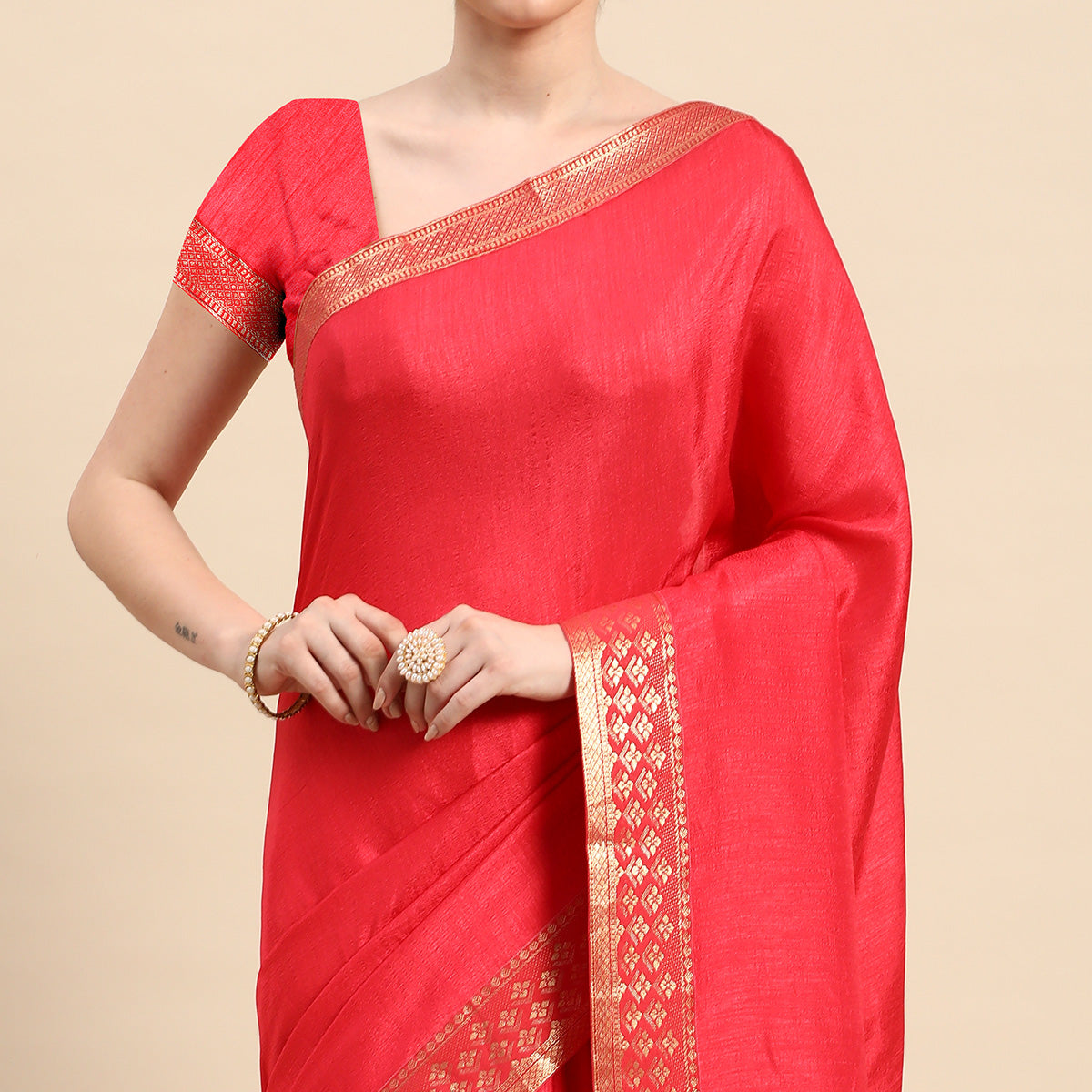Pink Solid Vichitra Silk Saree With Zari Border