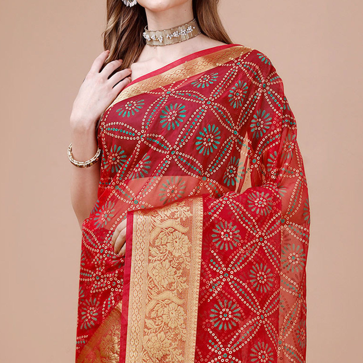 Red Bandhani Printed Organza Saree With Woven Border