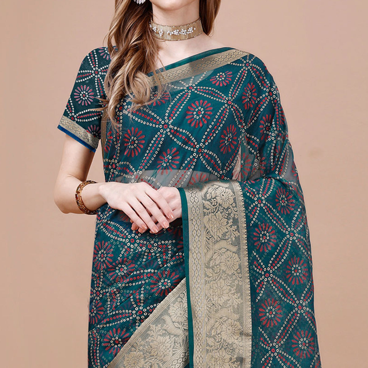 Teal Bandhani Printed Organza Saree With Woven Border