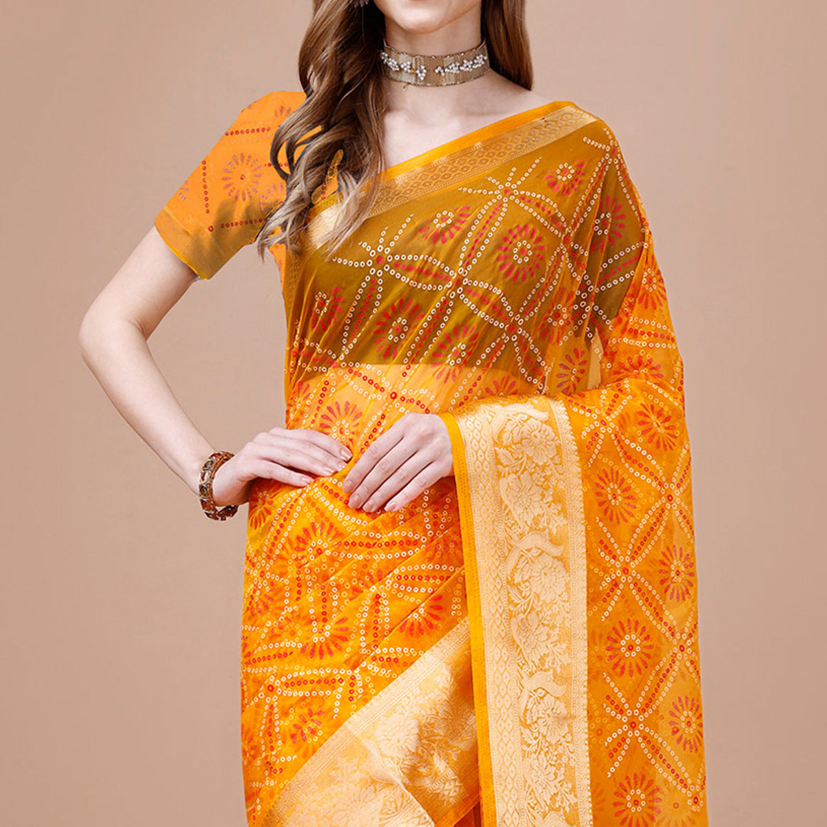 Yellow Bandhani Printed Organza Saree With Woven Border