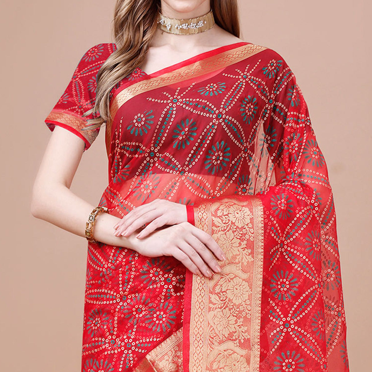 Red Bandhani Printed Organza Saree With Woven Border