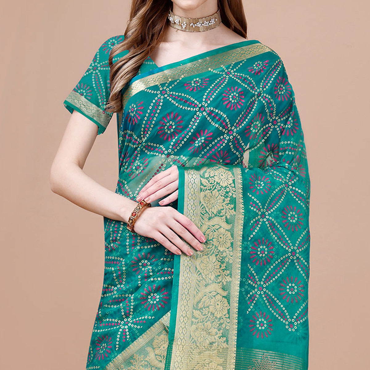 Rama Blue Bandhani Printed Organza Saree With Woven Border