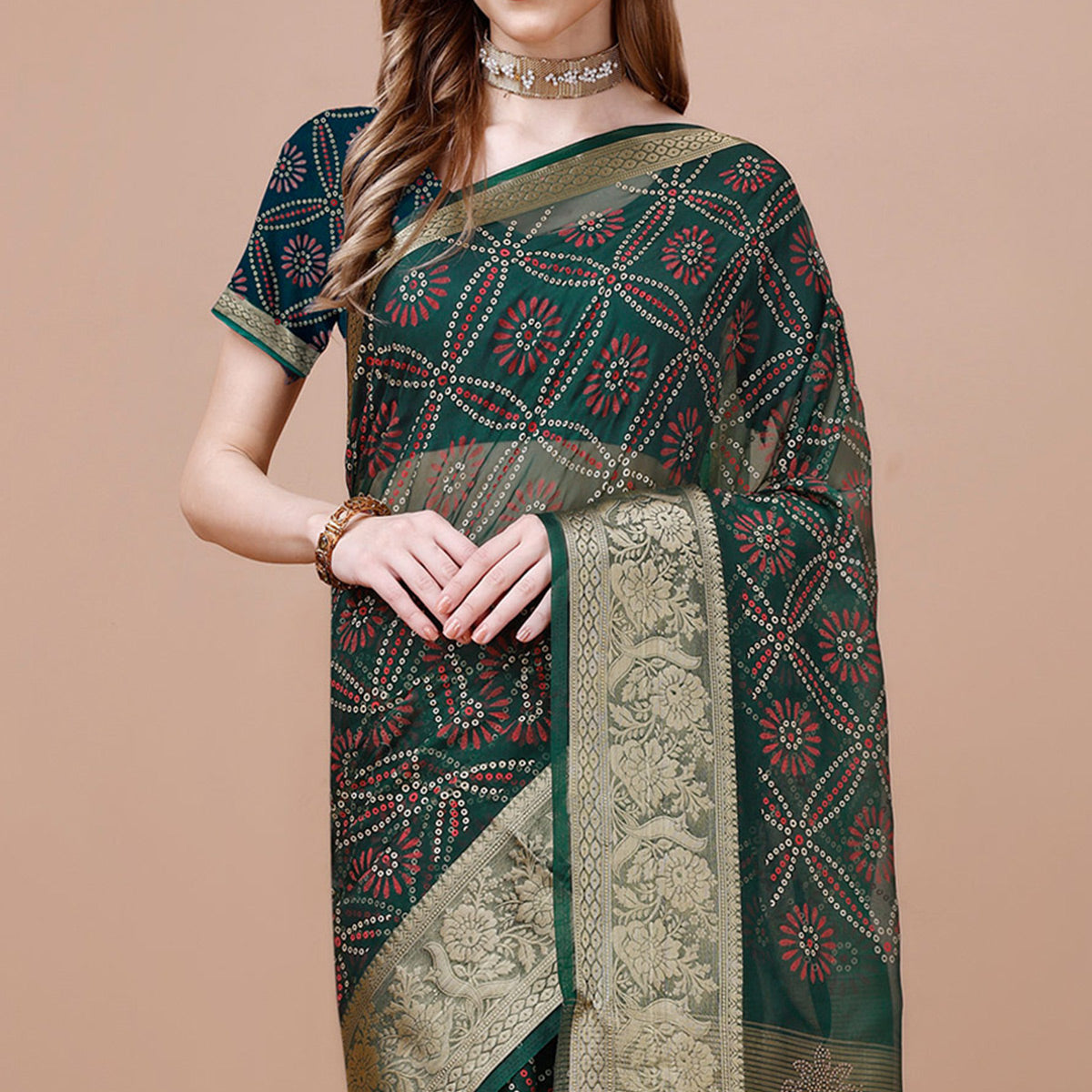 Green Bandhani Printed Organza Saree With Woven Border