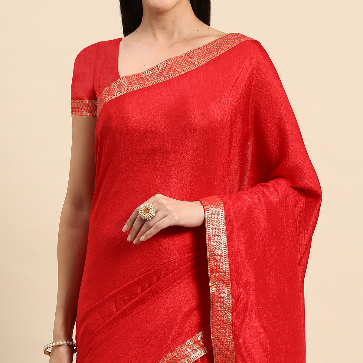 Red Solid Vichitra Silk Saree With Fancy Zari Border