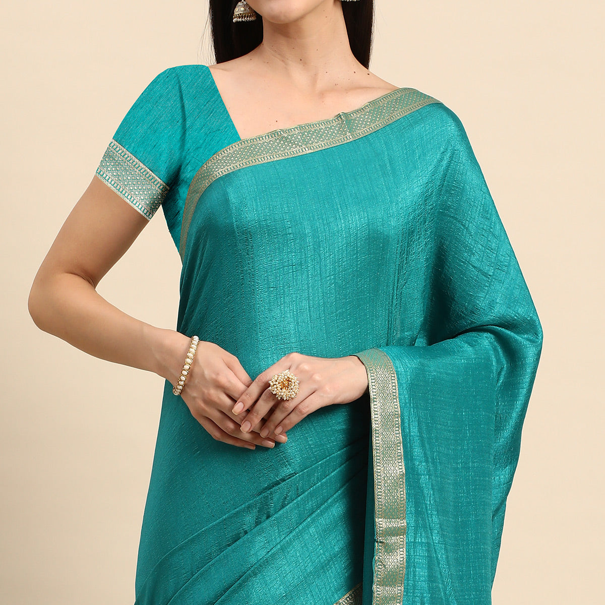 Rama Blue Solid Vichitra Silk Saree With Fancy Zari Border