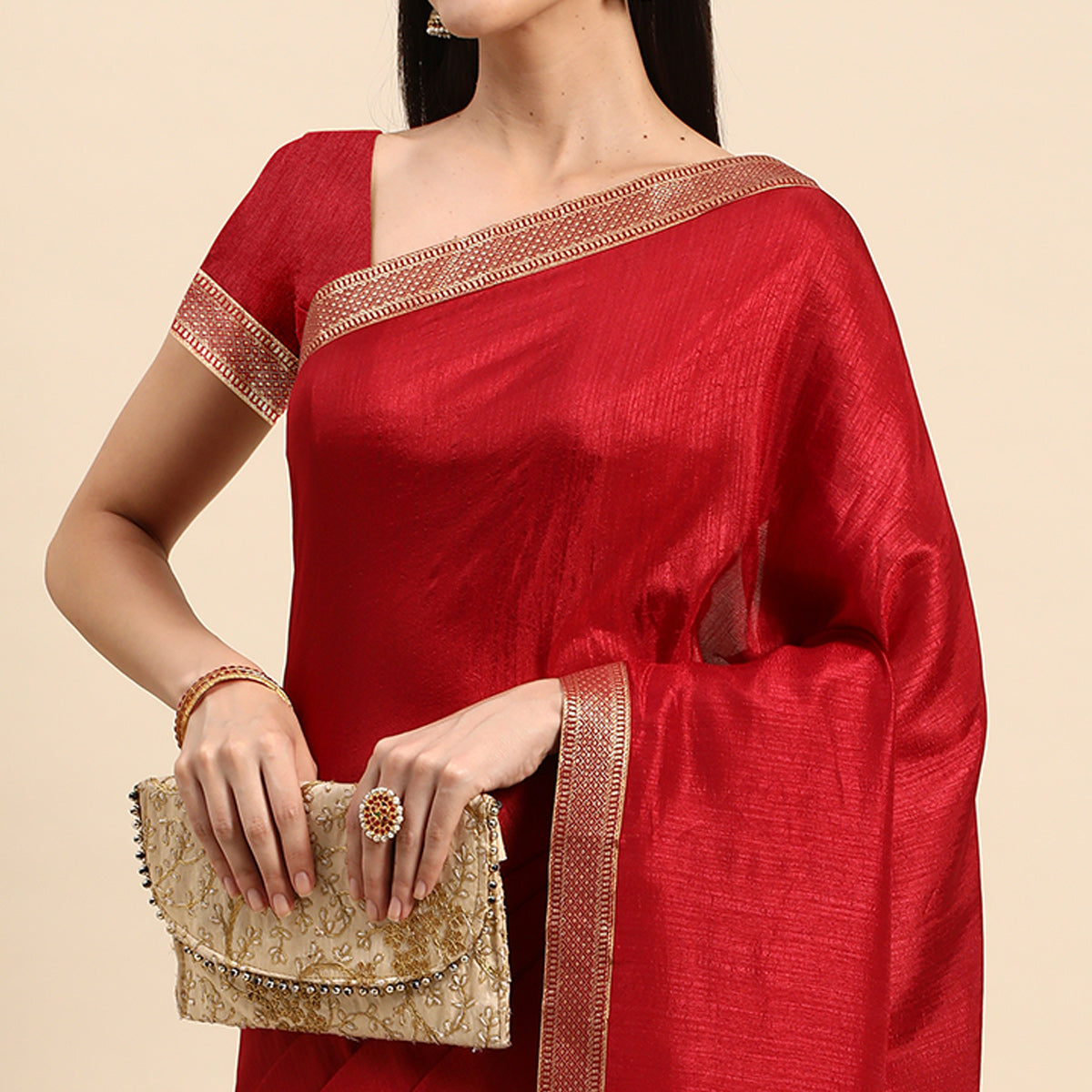 Maroon Solid Vichitra Silk Saree With Fancy Zari Border