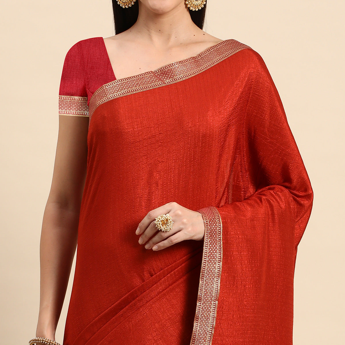 Rust Solid Vichitra Silk Saree With Fancy Zari Border