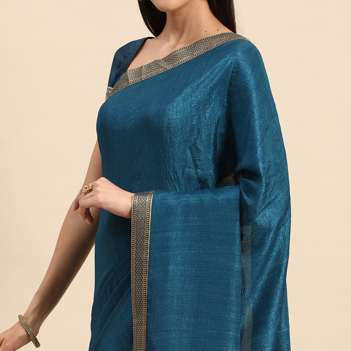 Blue Solid Vichitra Silk Saree With Fancy Zari Border