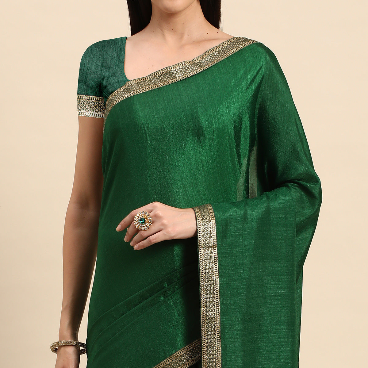 Green Solid Vichitra Silk Saree With Fancy Zari Border