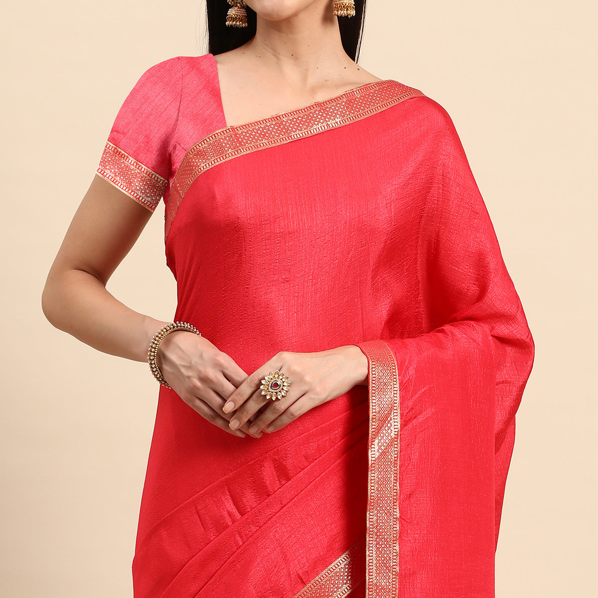 Pink Solid Vichitra Silk Saree With Fancy Zari Border