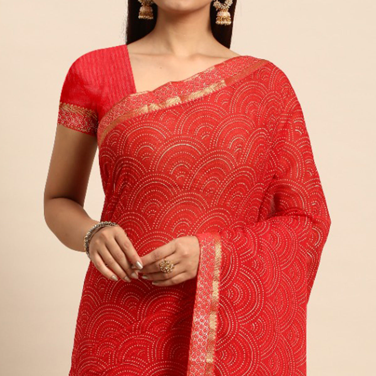 Red Foil Printed Chiffon Saree With Tassels