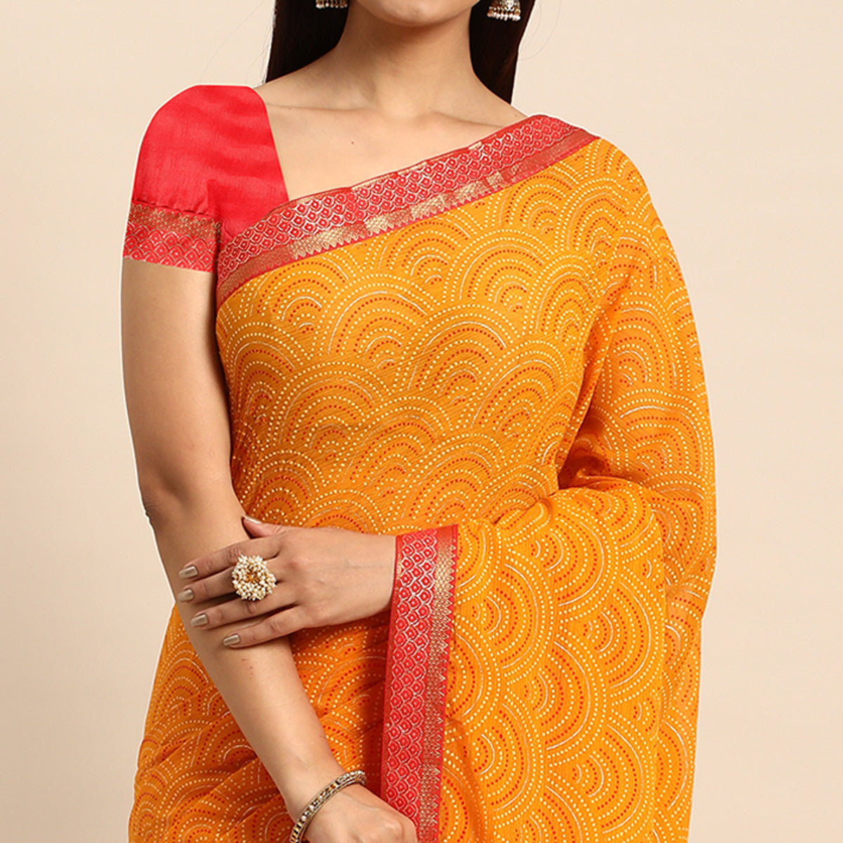 Yellow Foil Printed Chiffon Saree With Tassels