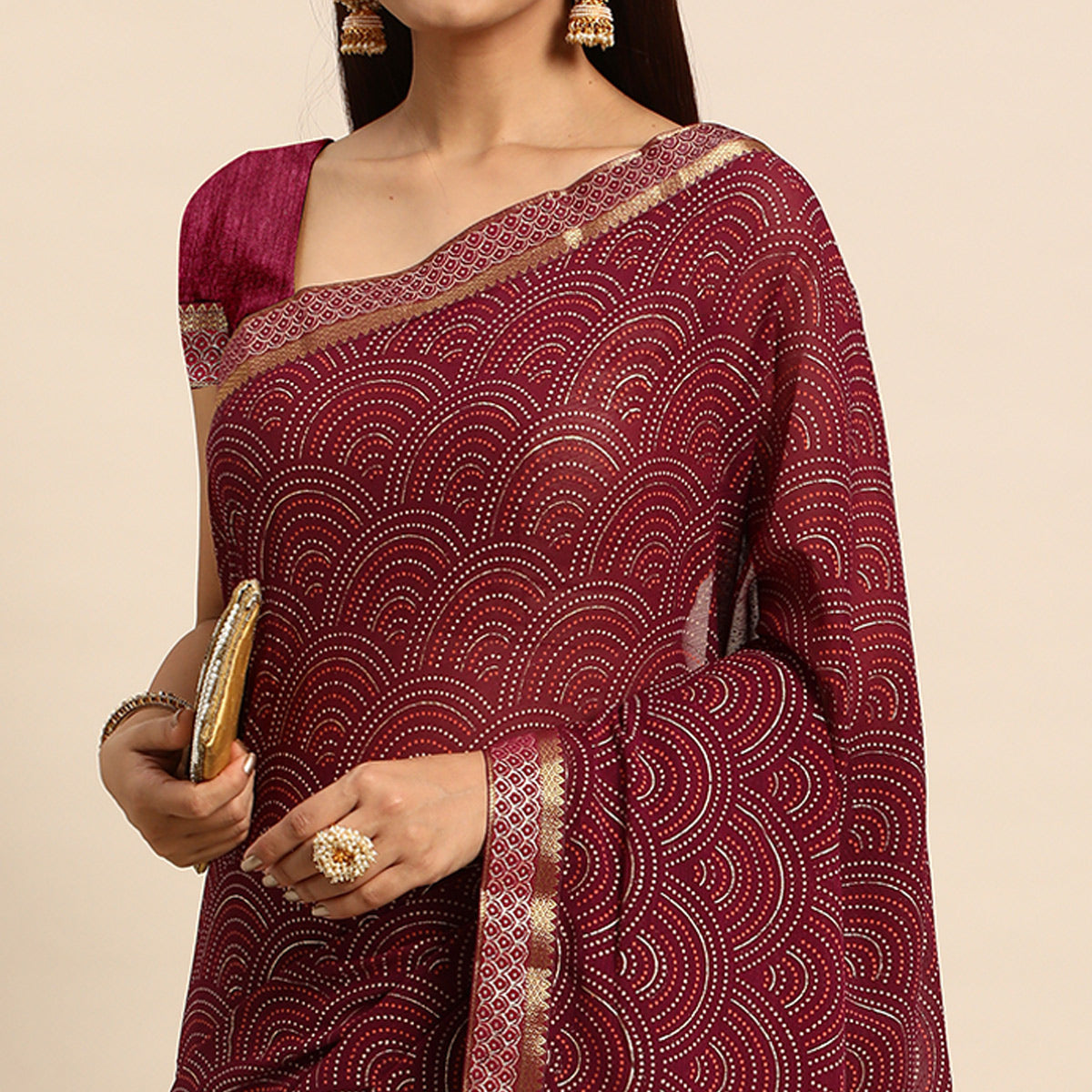 Wine Foil Printed Chiffon Saree With Tassels