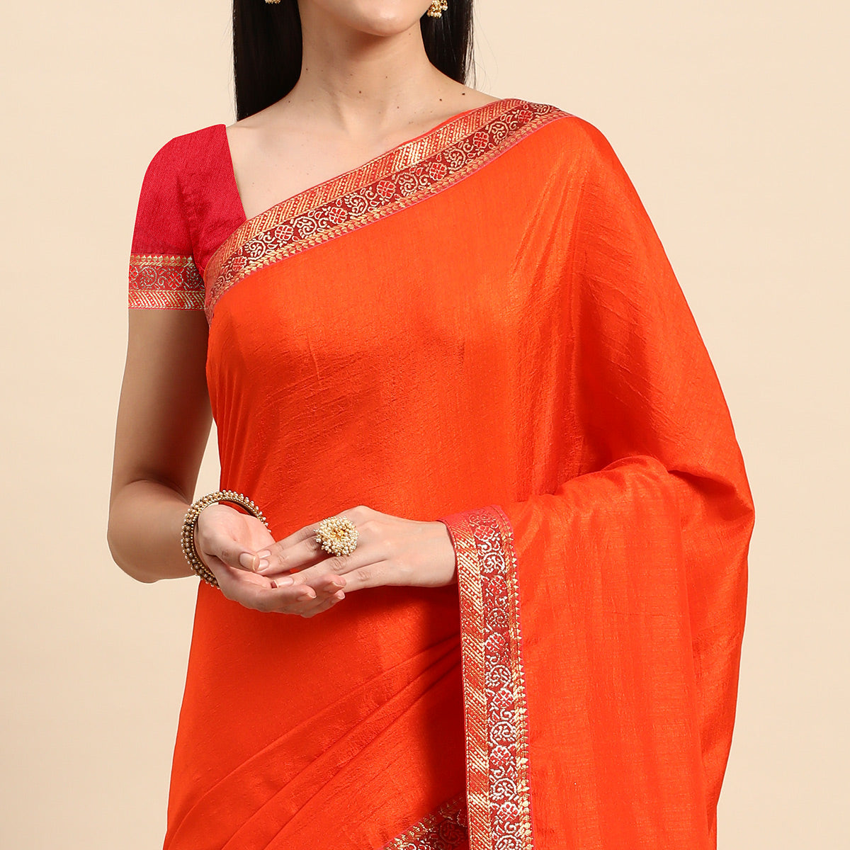 Orange Swarovski Work Vichitra Silk Saree With Fancy Border