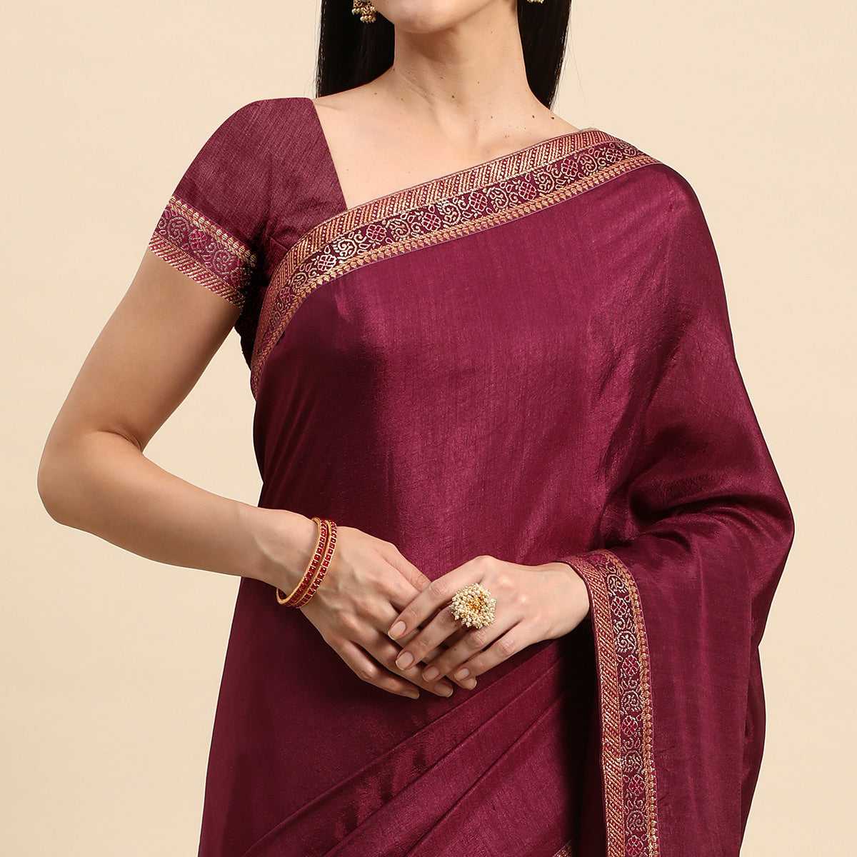 Wine Swarovski Work Vichitra Silk Saree With Fancy Border