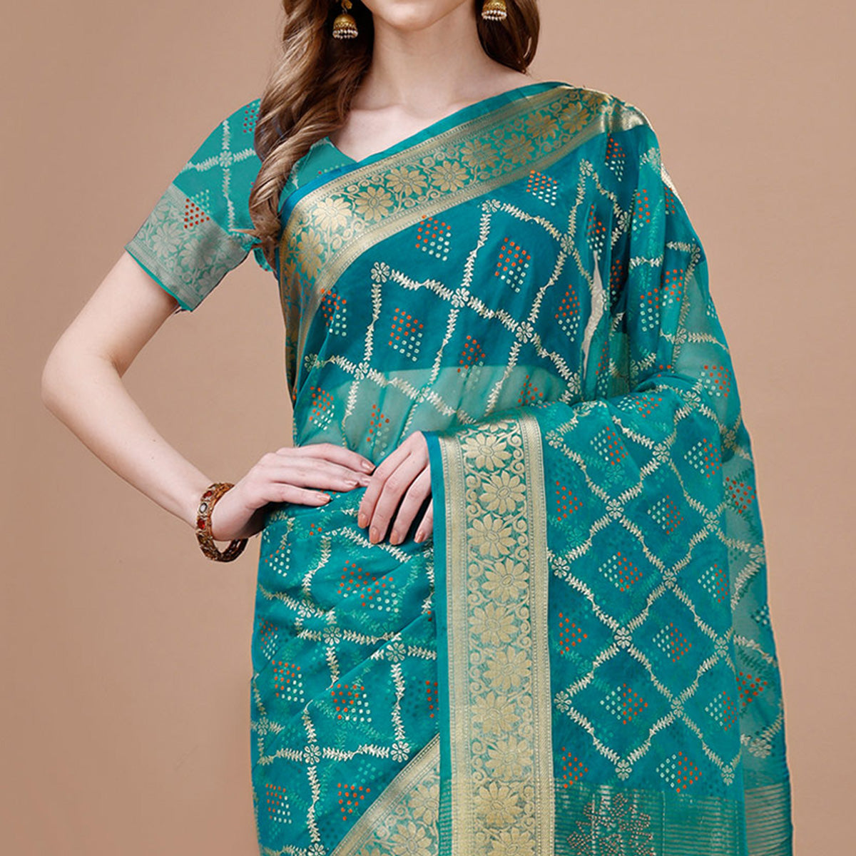 Rama Blue Bandhani Printed Organza Saree With Woven Border