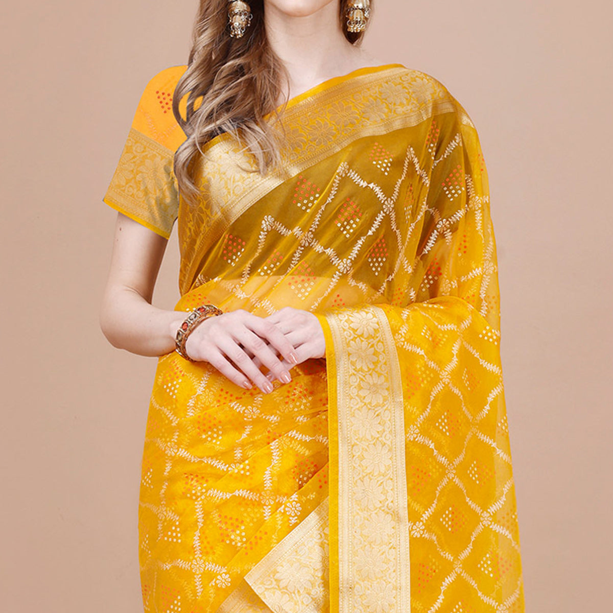 Yellow Bandhani Printed Organza Saree With Woven Border