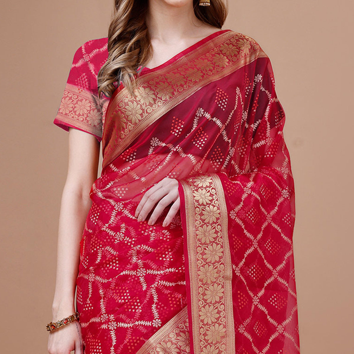 Rani Pink Bandhani Printed Organza Saree With Woven Border